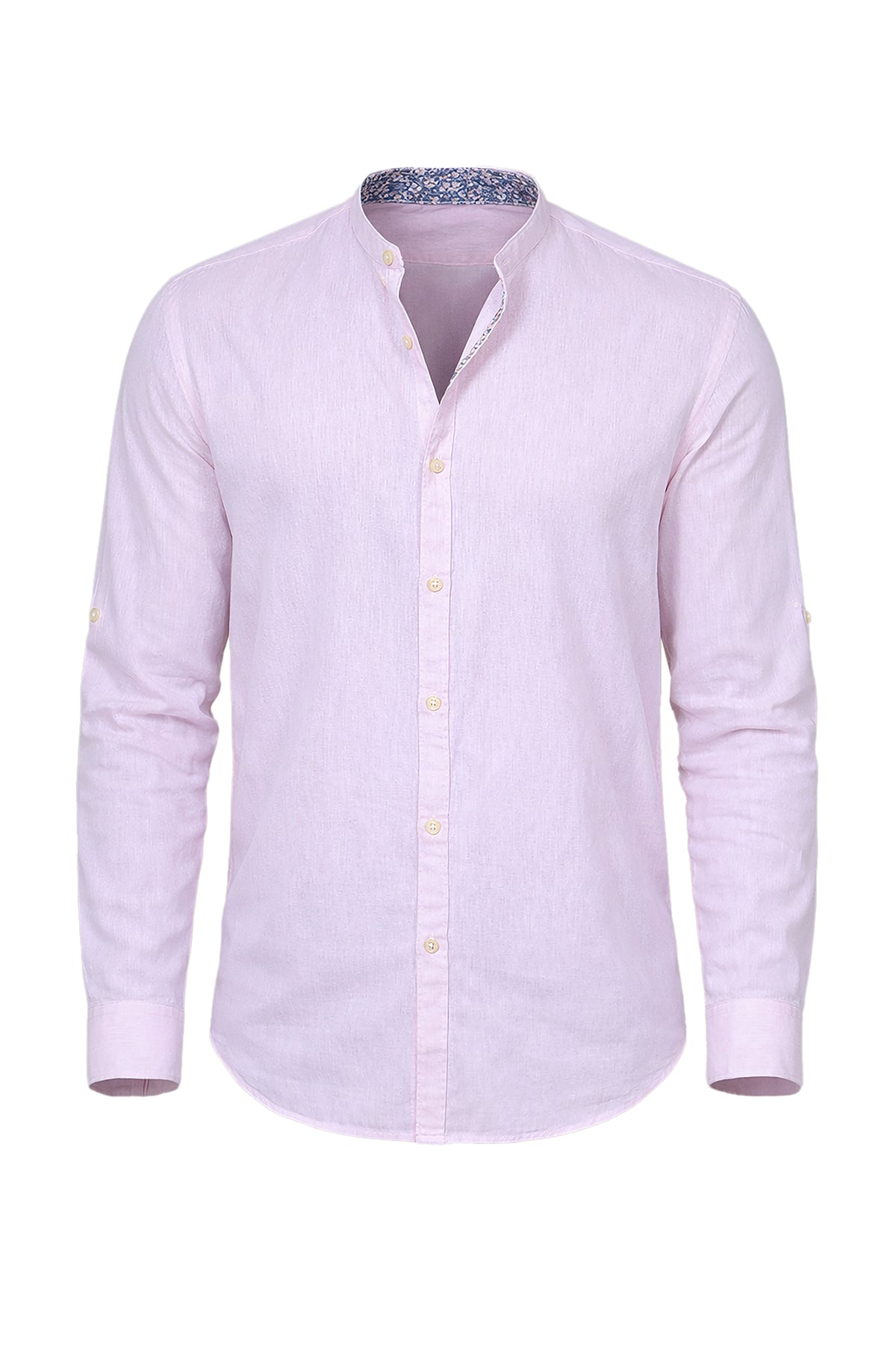 Linen Mao Collar Shirt with Printed Inner Collar