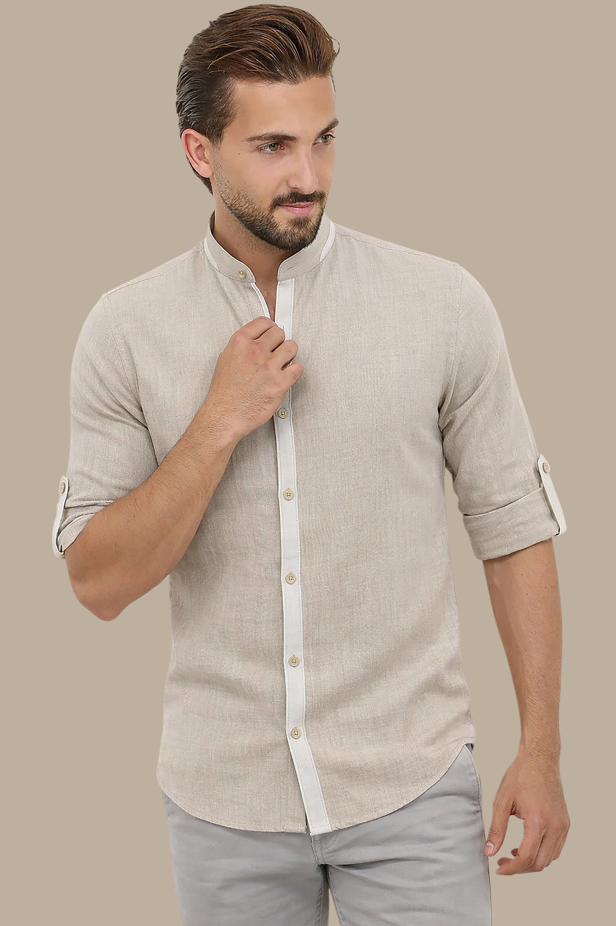 Beige Linen Mao Collar Shirt with White Piping