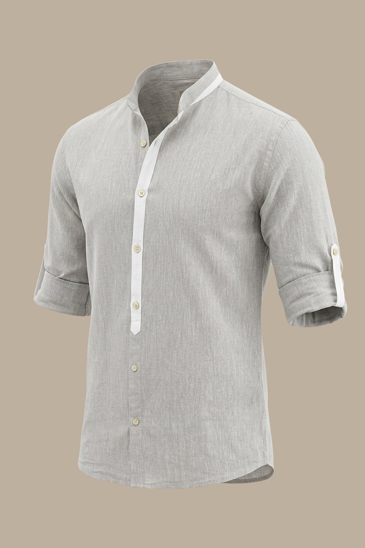 Beige Linen Mao Collar Shirt with White Piping