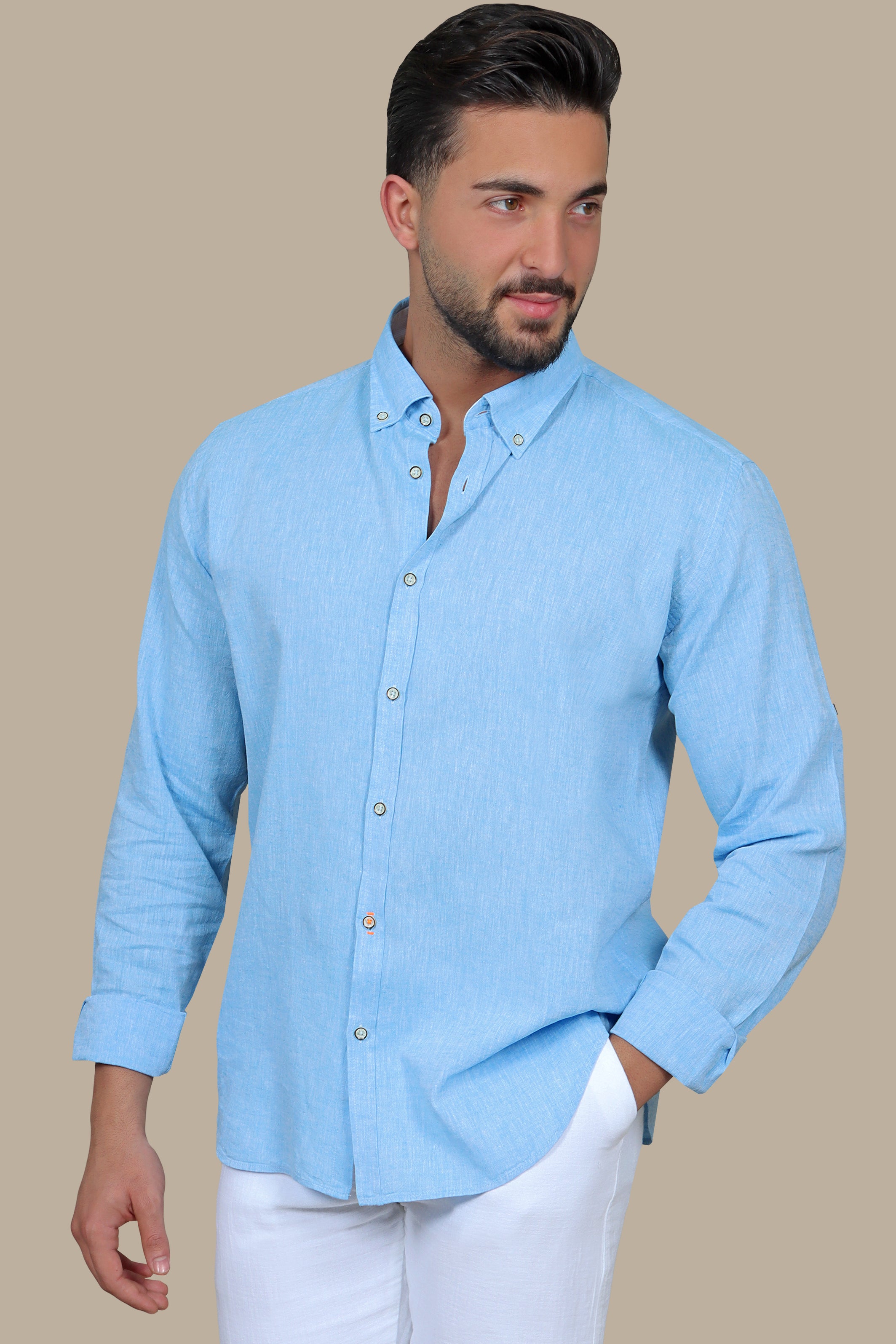 Shirt Linen Collar Printed Inside | Turquoise