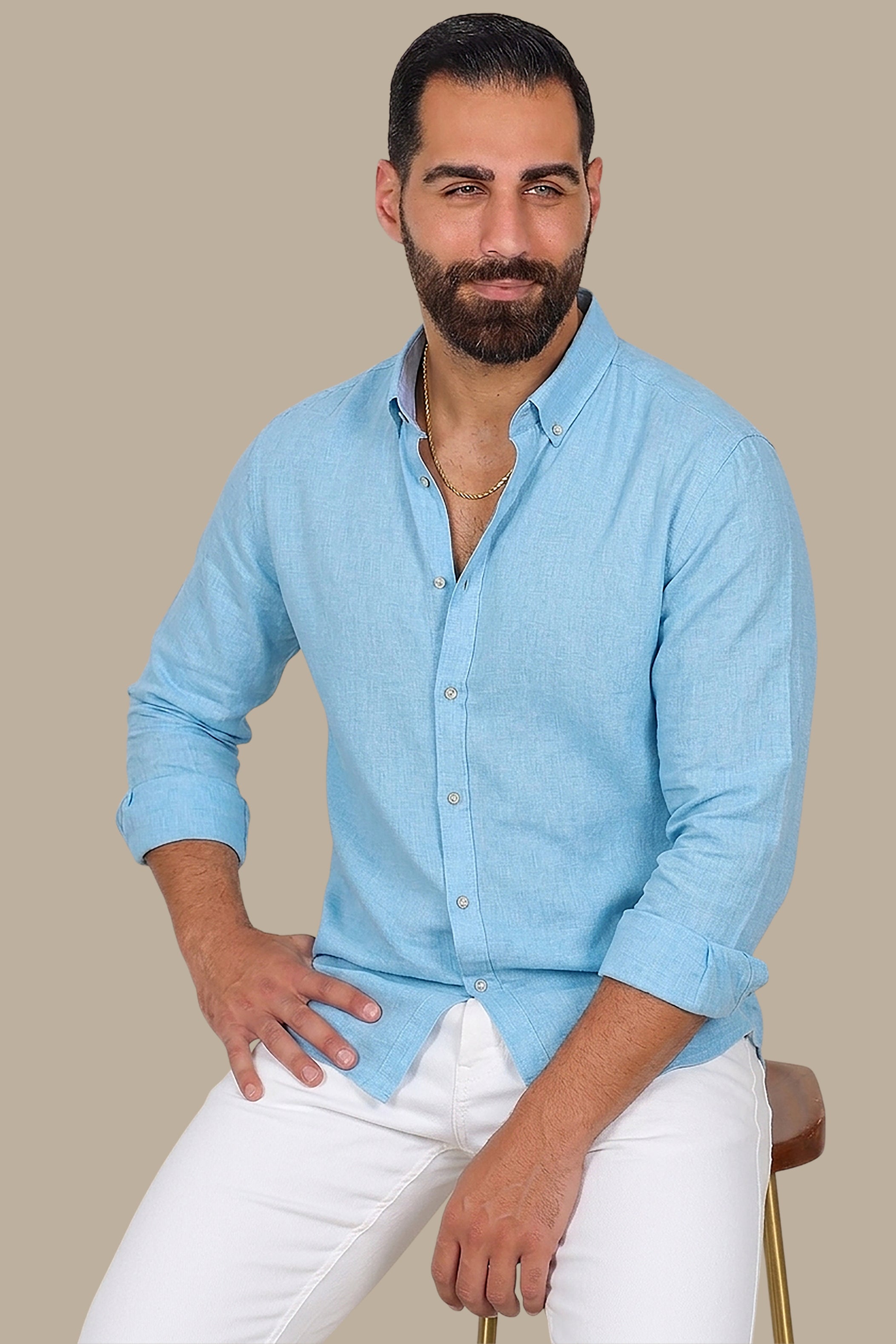 Shirt Linen Collar Printed Inside | Turquoise