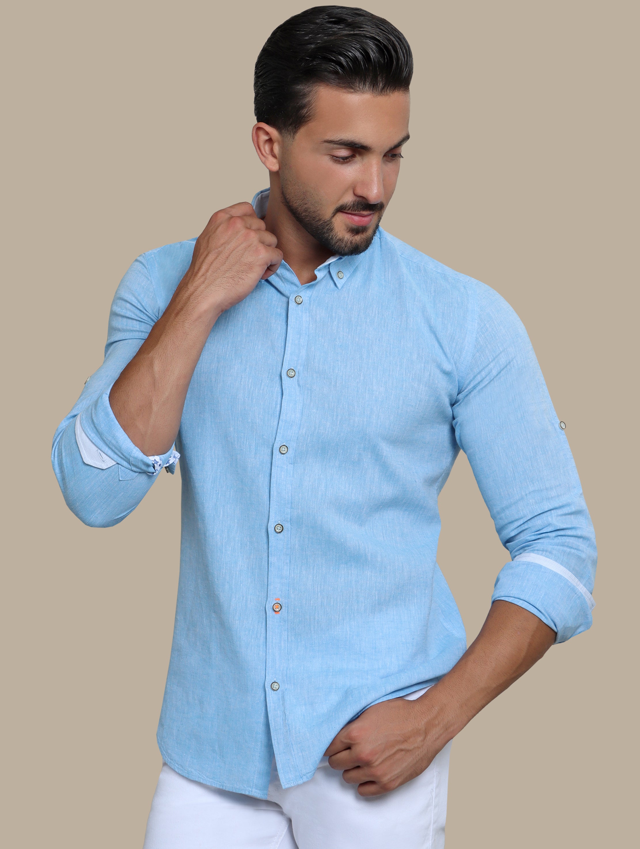 Shirt Linen Collar Printed Inside | Turquoise