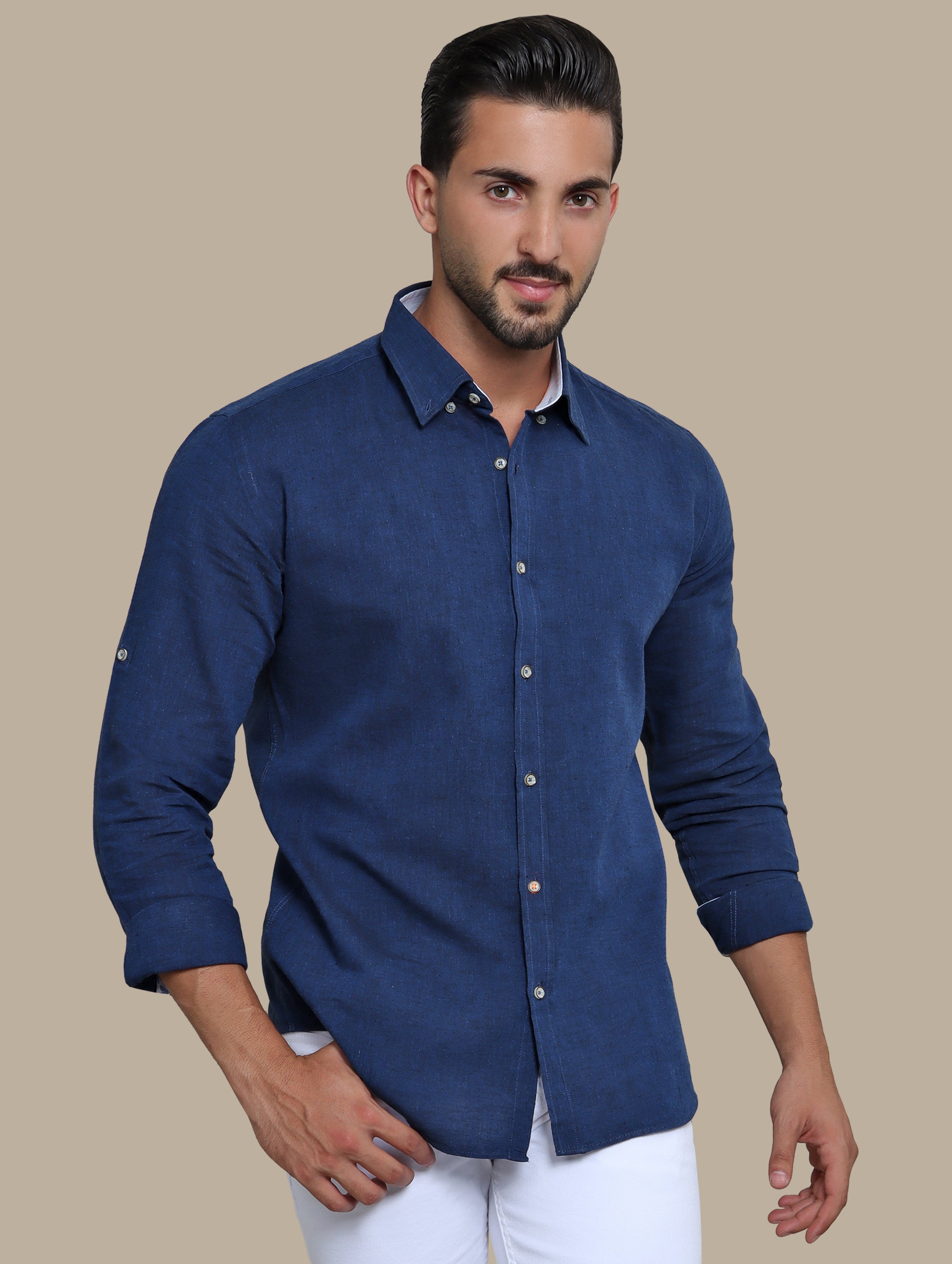 Printed Linen Shirt with Collared Neck