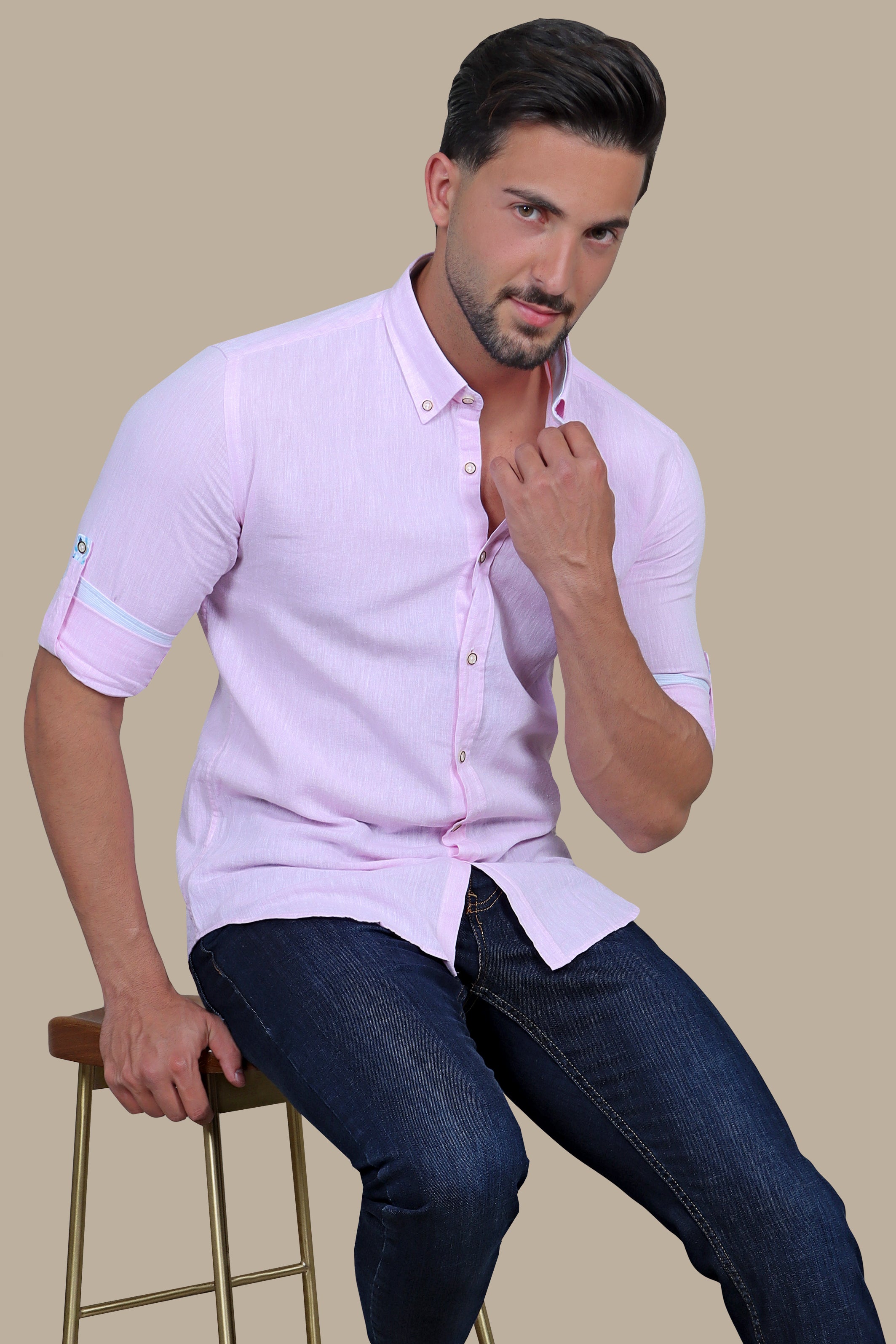 Chic Pink Linen Shirt with Printed Collar