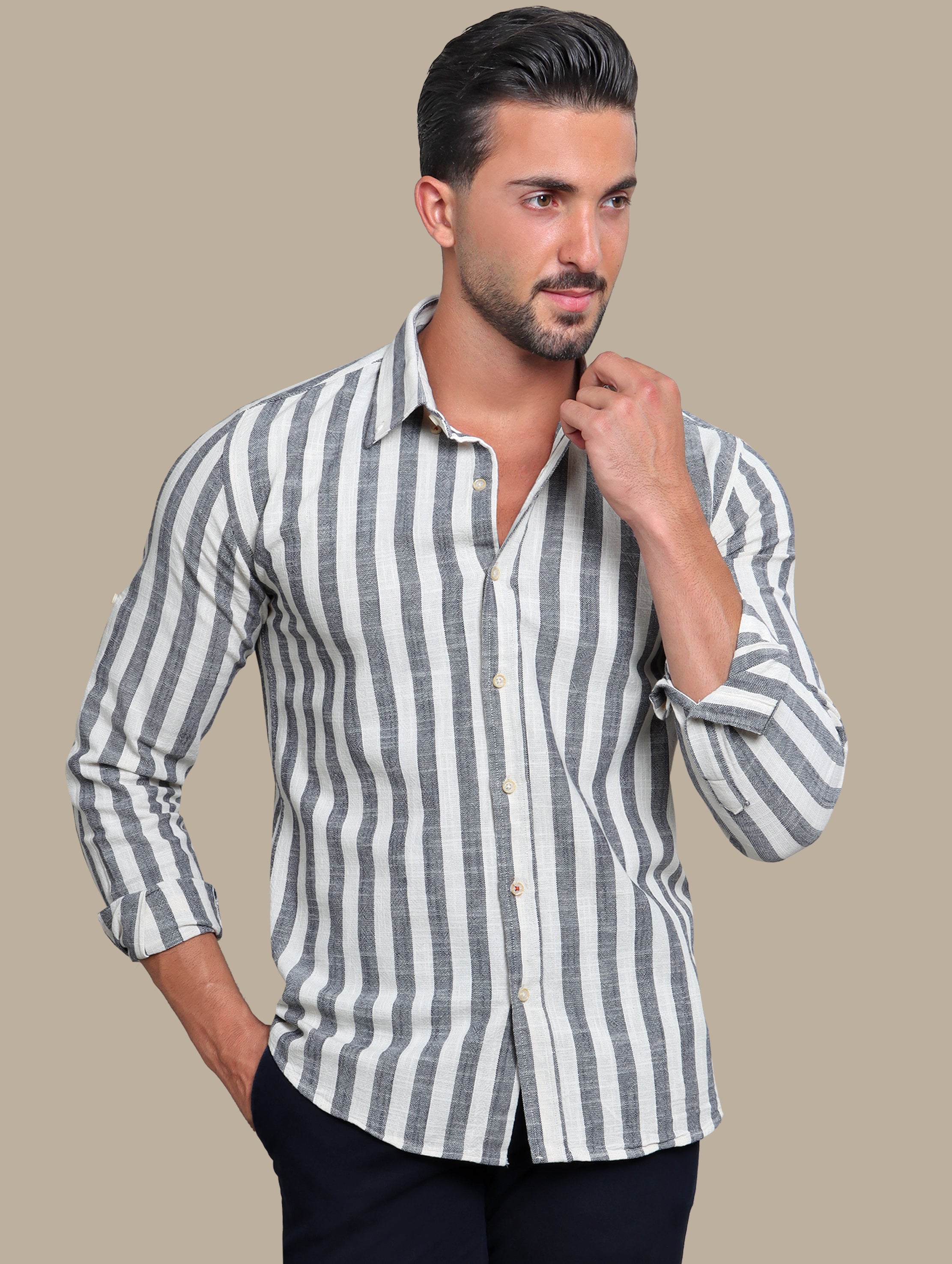 Navy Wide Stripe Linen Shirt