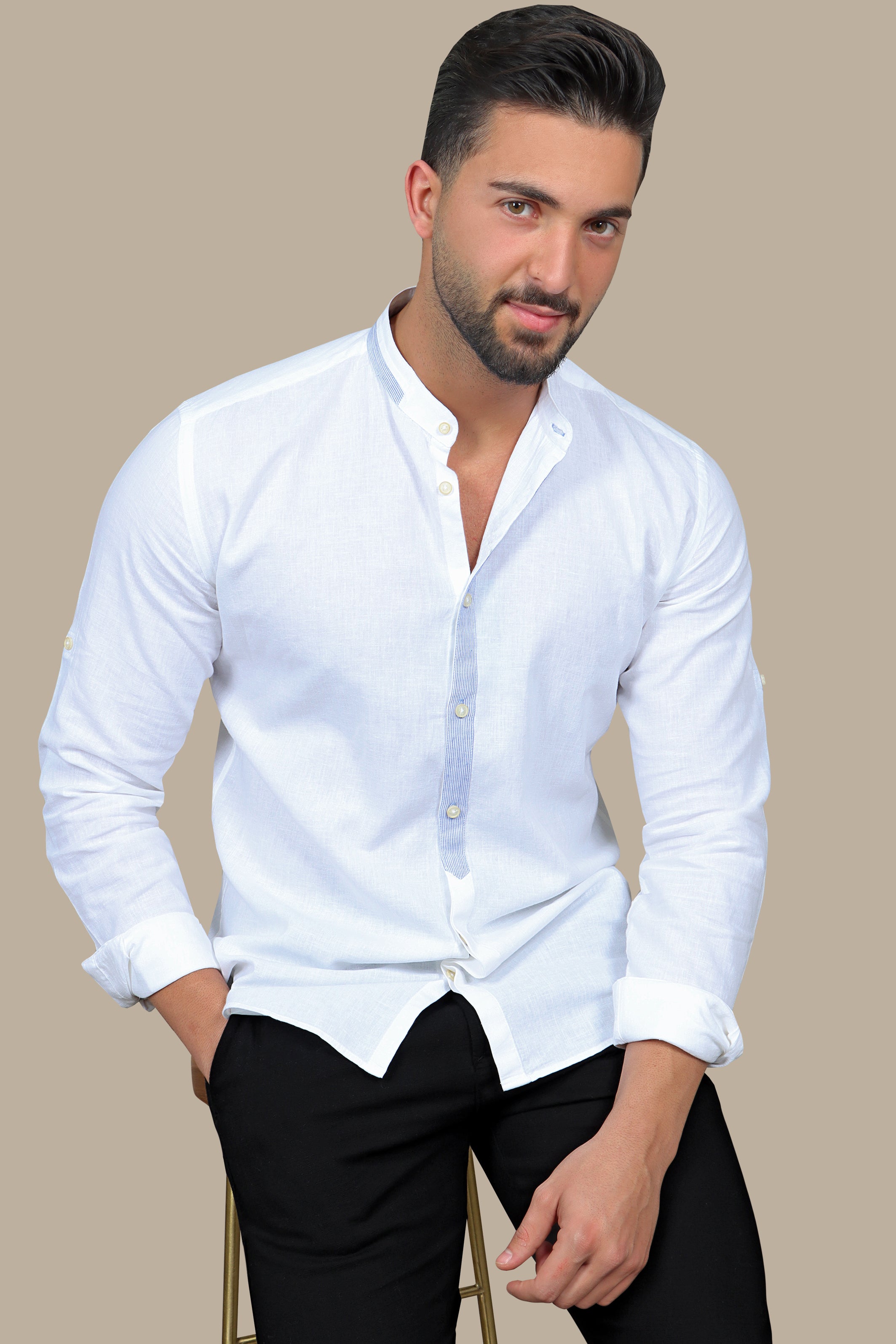 Skyline Chic: White Linen Col Mao Shirt with Blue Pip Detailing