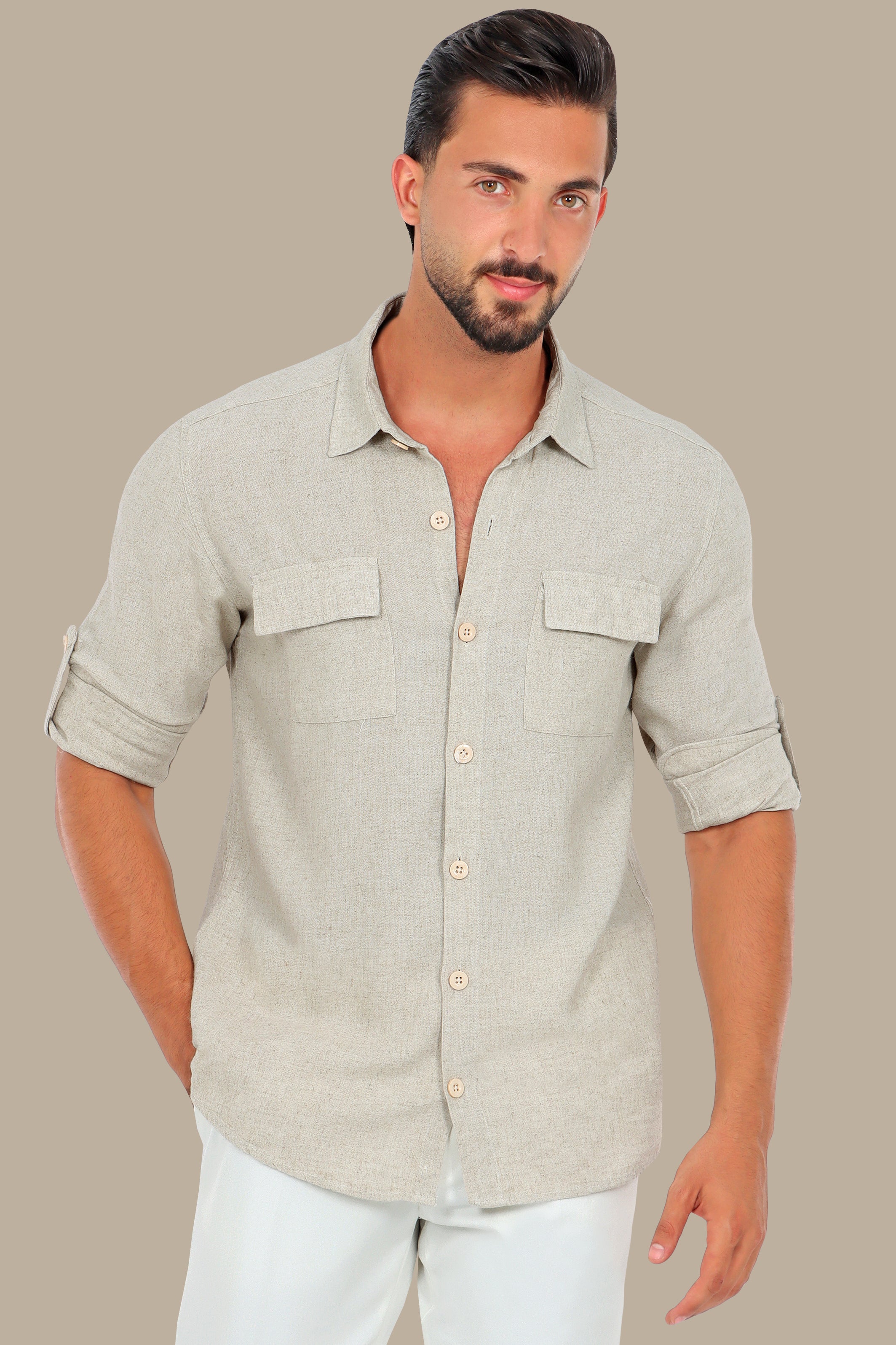 Classic Beige Linen Shirt with Flap Pockets