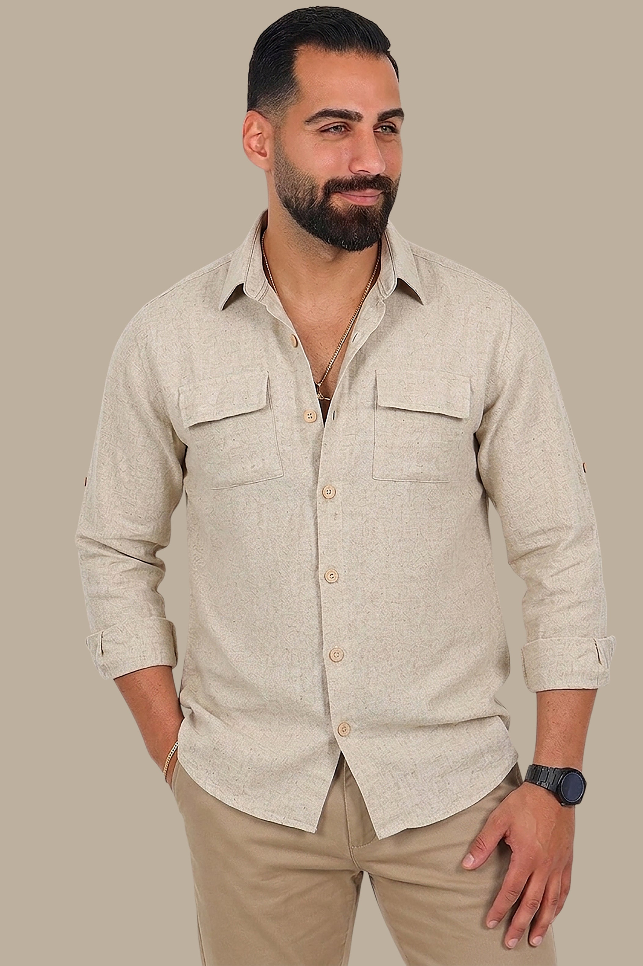 Classic Beige Linen Shirt with Flap Pockets
