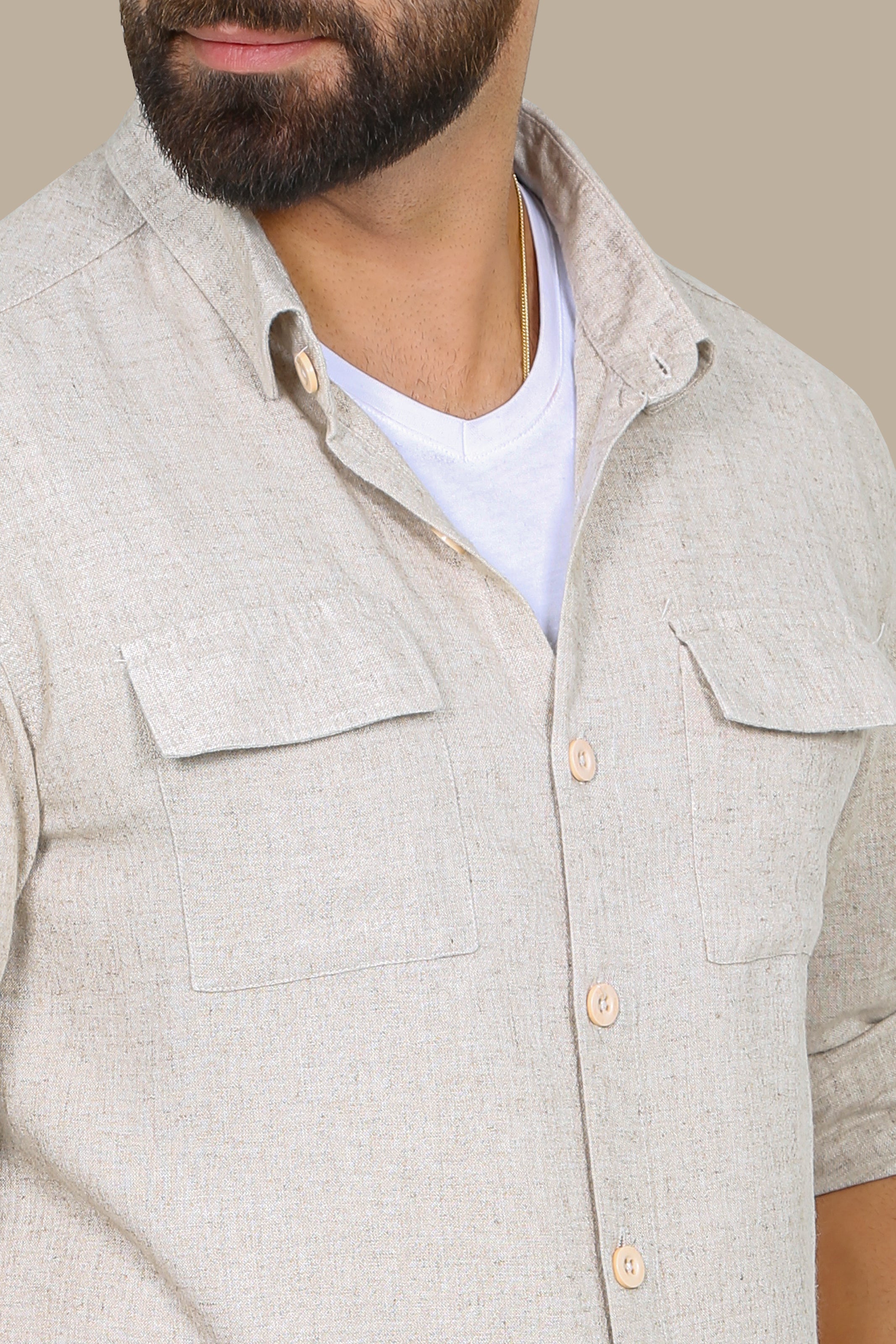 Classic Beige Linen Shirt with Flap Pockets