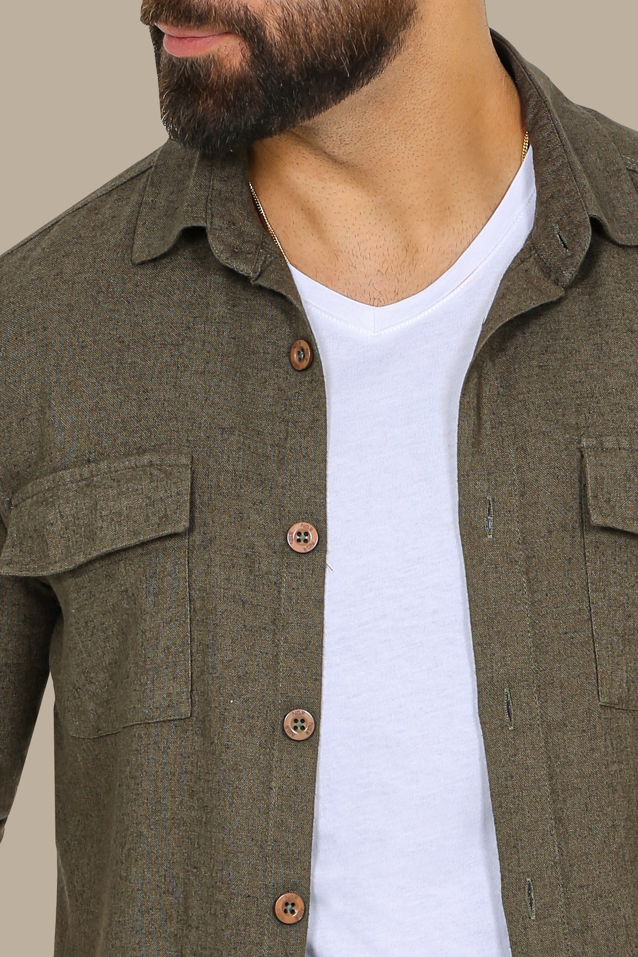 Khaki Linen Shirt with Flap Pockets