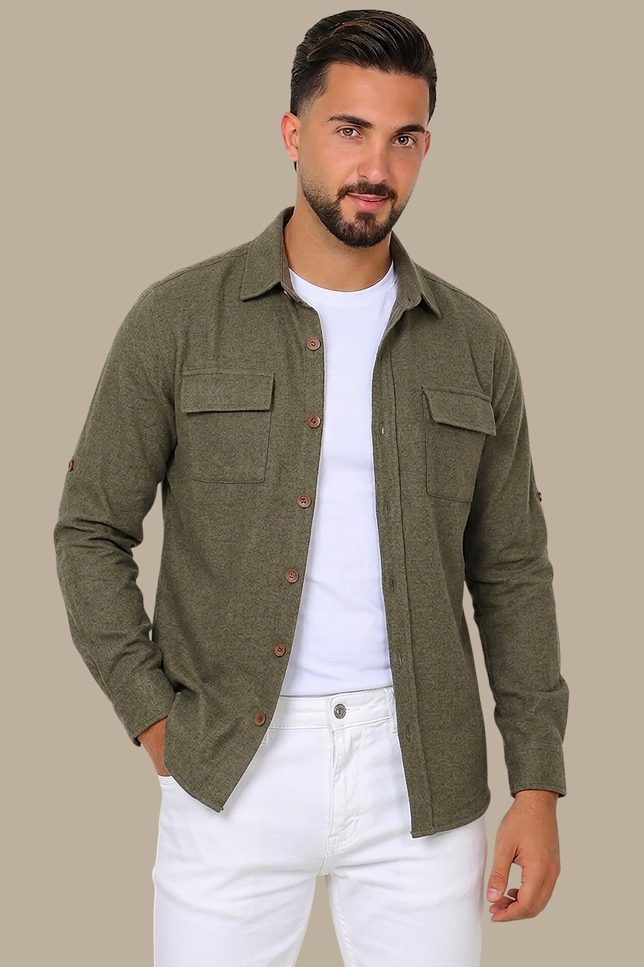 Khaki Linen Shirt with Flap Pockets