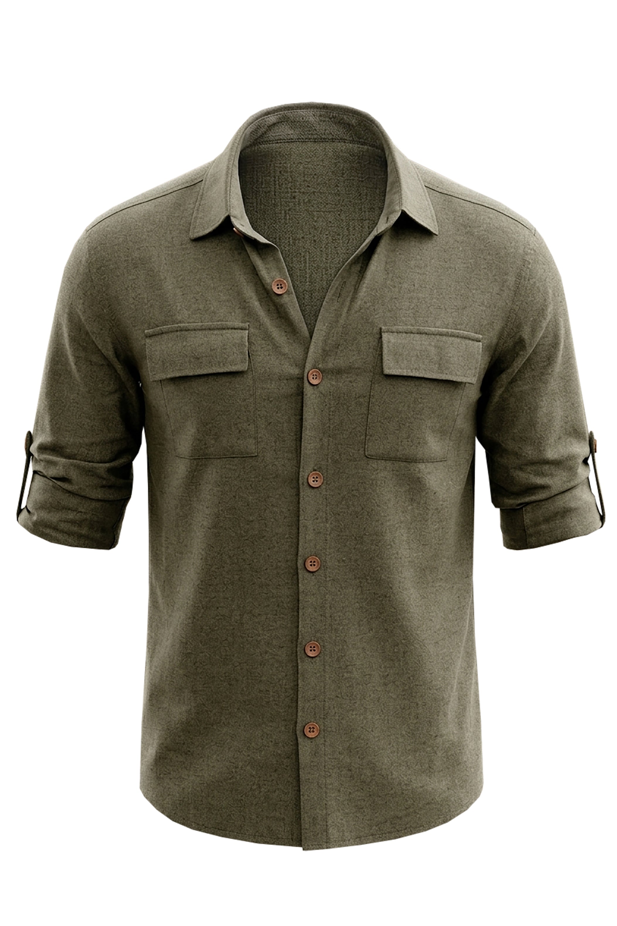 Khaki Linen Shirt with Flap Pockets