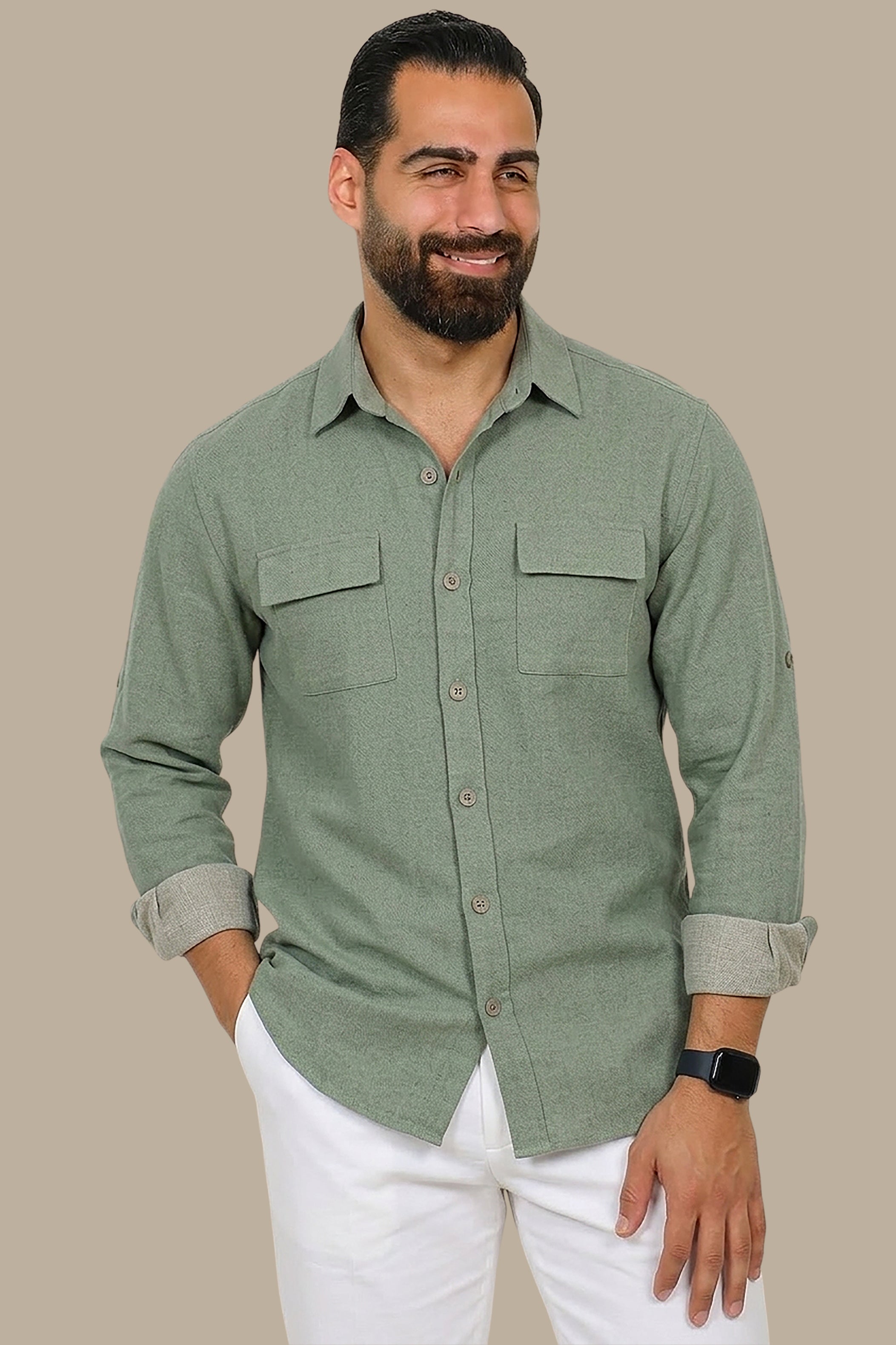 Olive Linen Shirt with Flap Pockets
