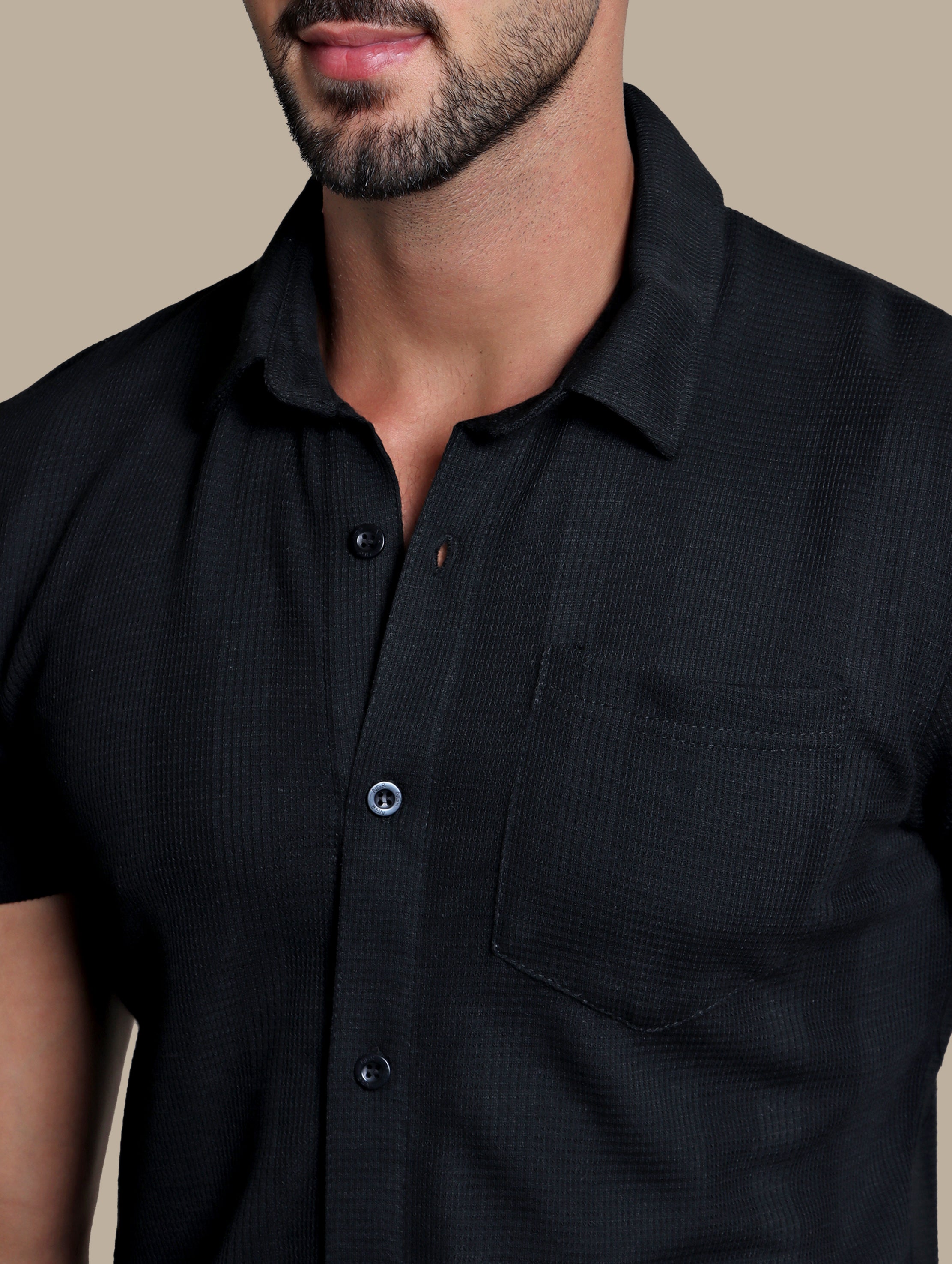 Black Short Sleeve Structured Shirt with Pocket