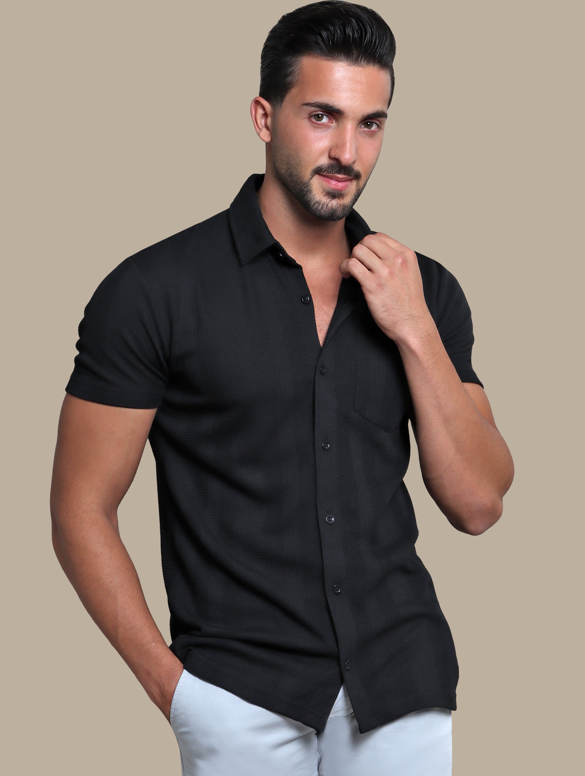 Black Short Sleeve Structured Shirt with Pocket