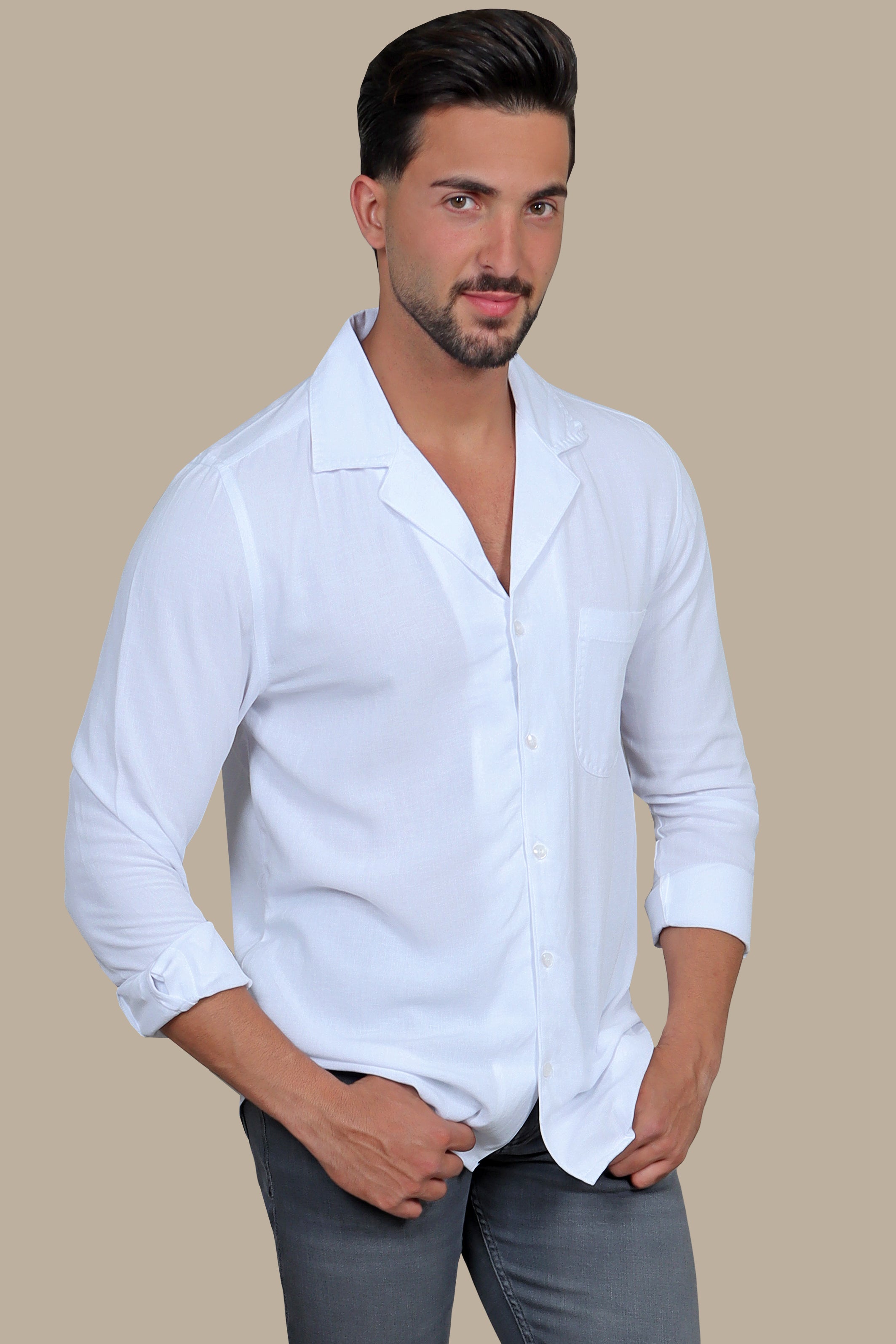 Elegant White Linen Patch Djellaba Shirt