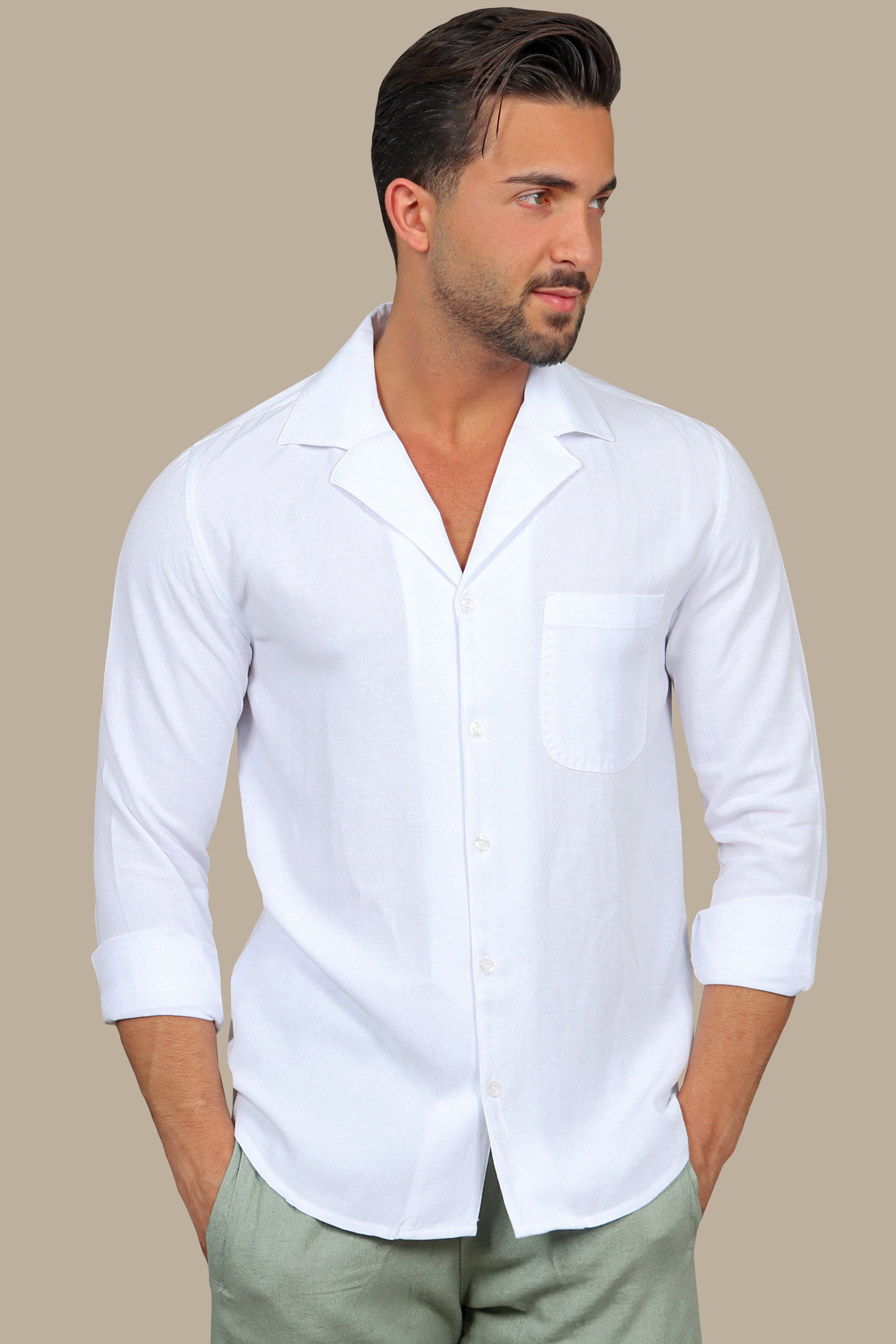 Elegant White Linen Patch Djellaba Shirt