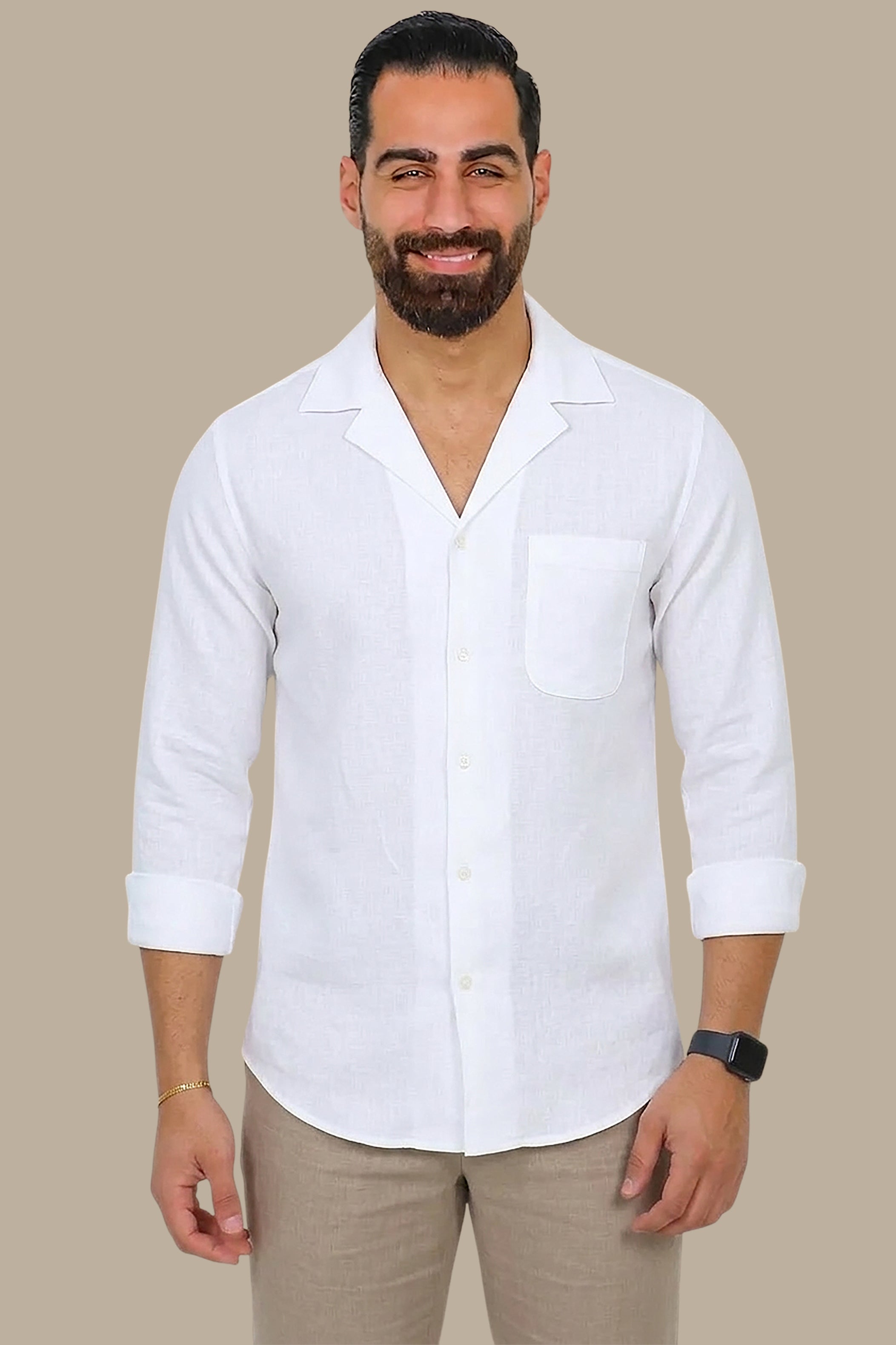 Elegant White Linen Patch Djellaba Shirt