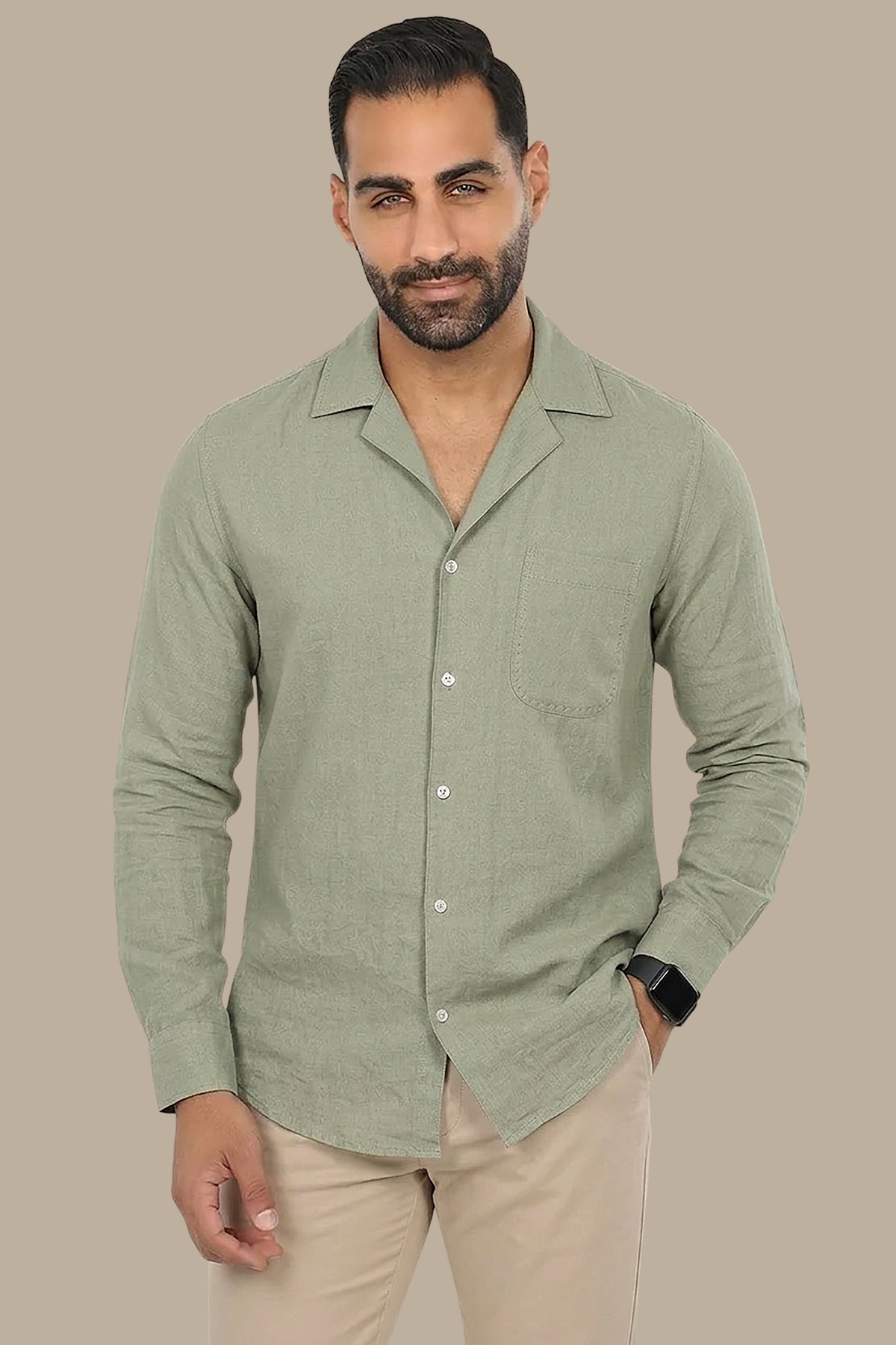 Olive Linen Patch Djellaba Shirt