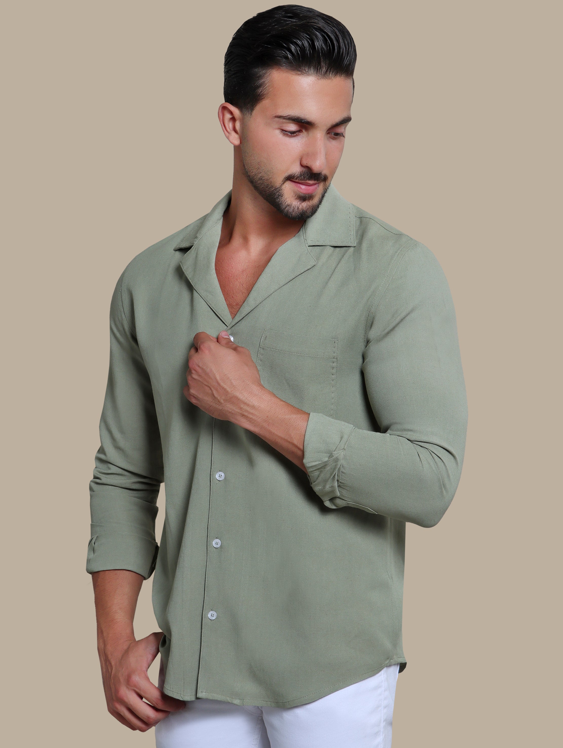 Olive Linen Patch Djellaba Shirt