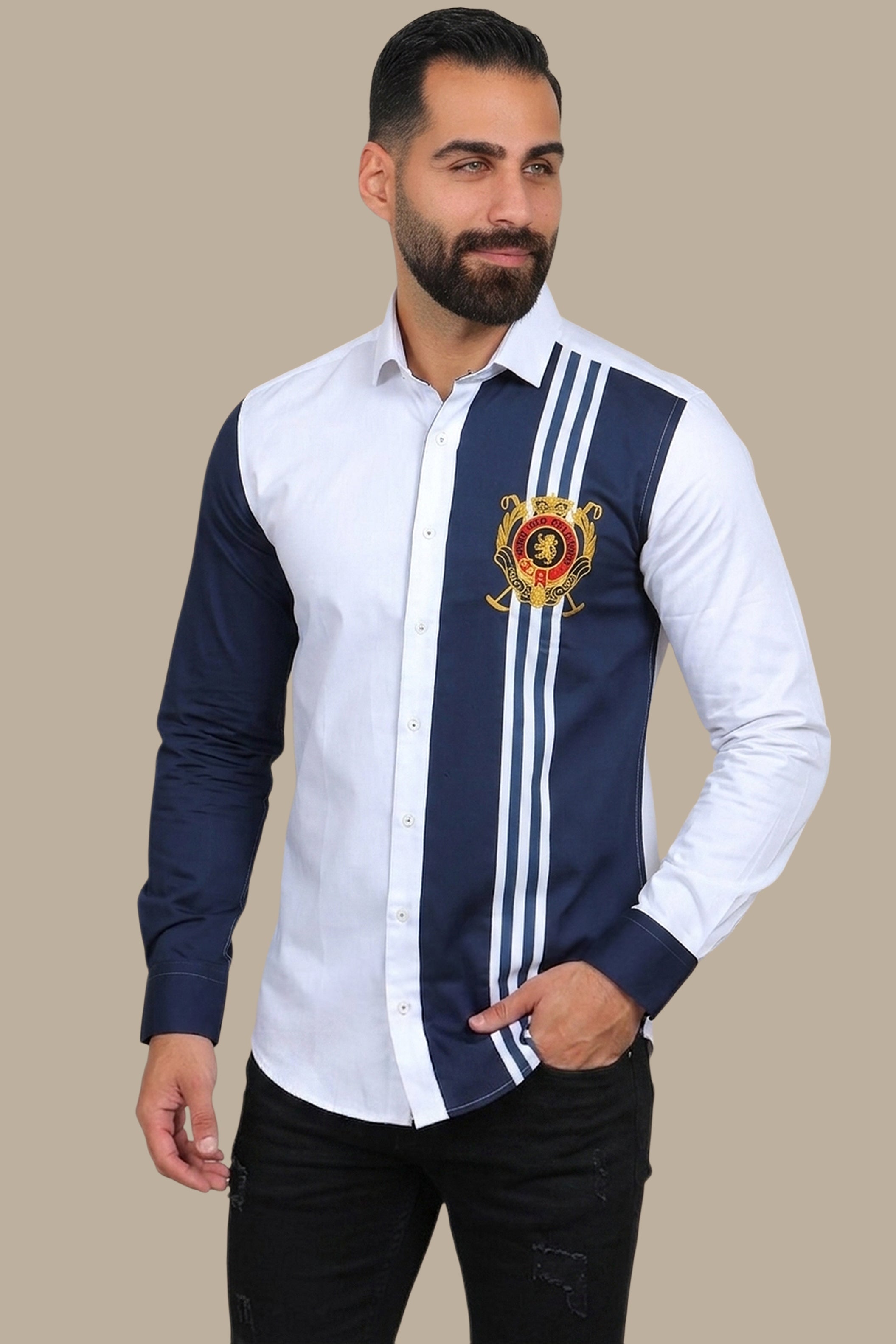 Regal Pride: White Shirt with Lion and Polo Badge Embellishments