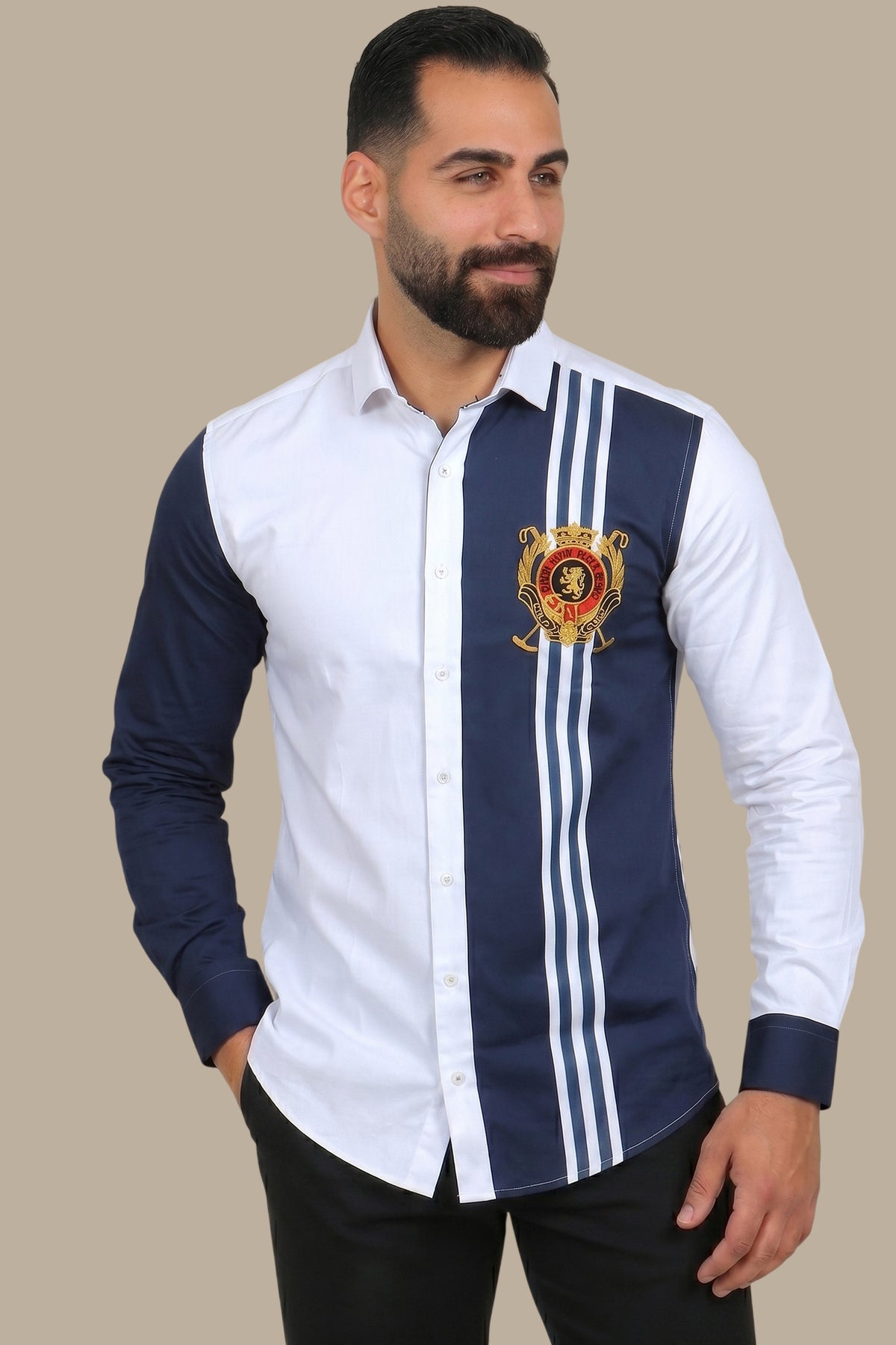 Regal Pride: White Shirt with Lion and Polo Badge Embellishments