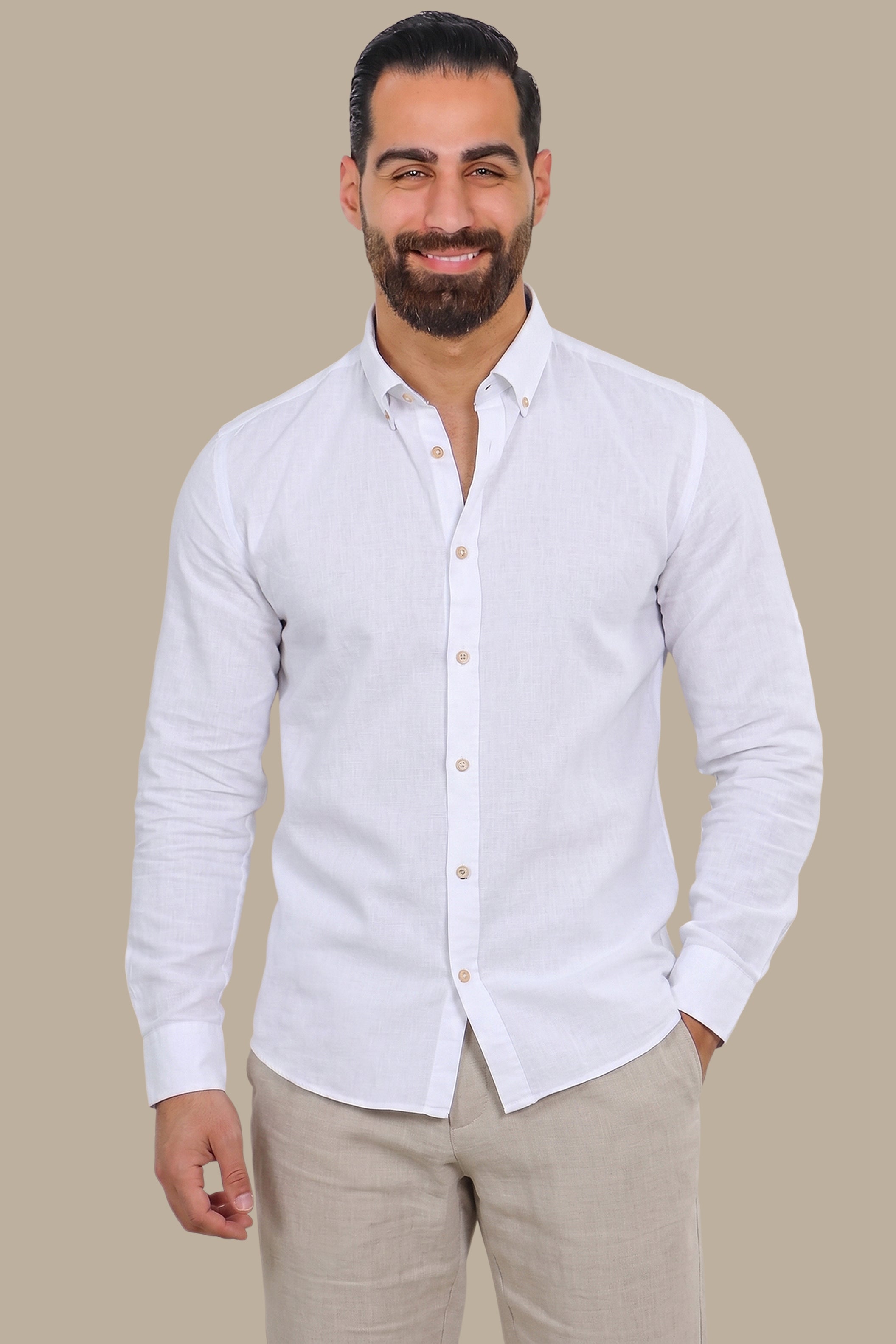 Shirt Linen Basic With Printed Collar | White