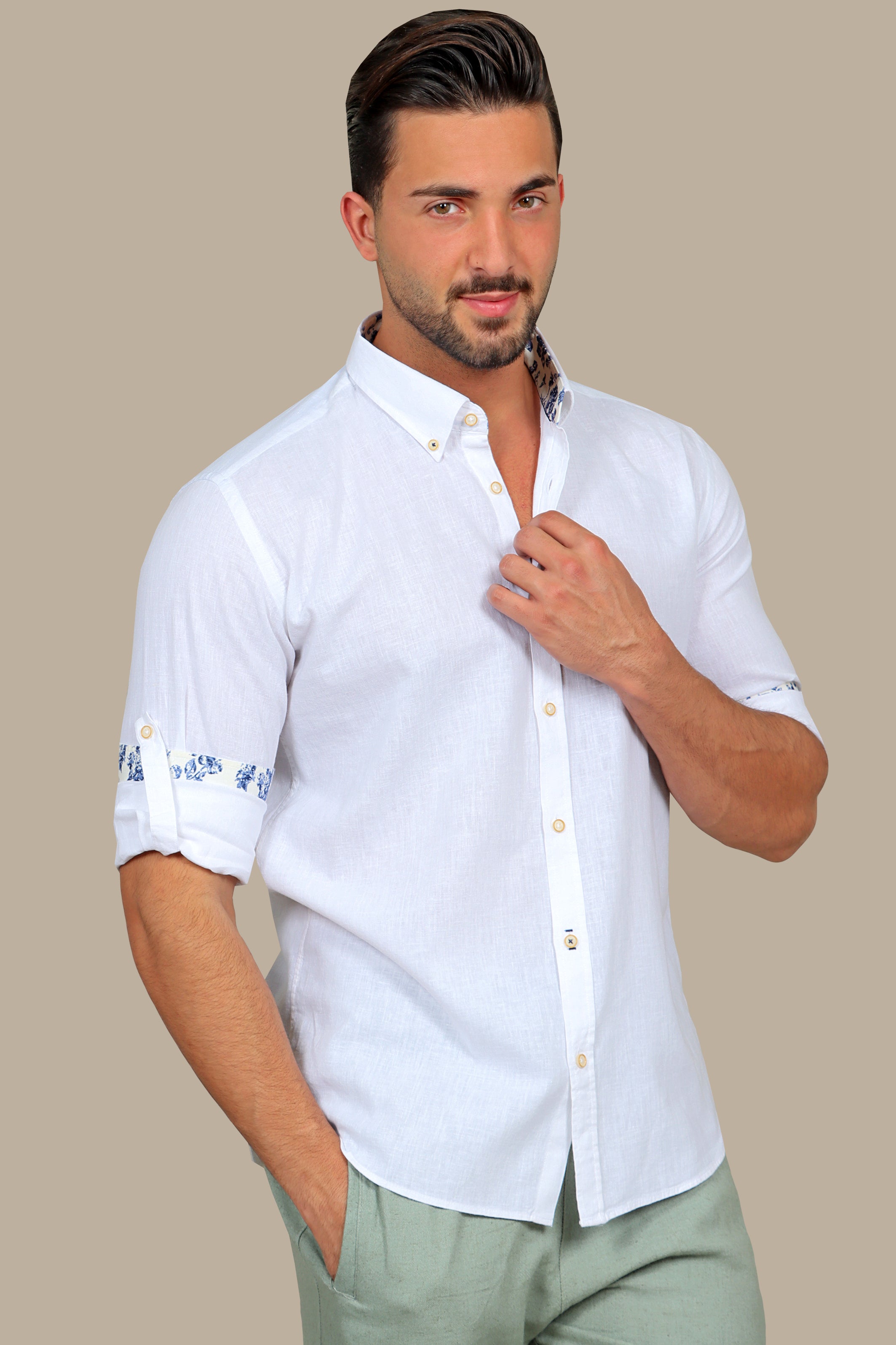 Shirt Linen Basic With Printed Collar | White