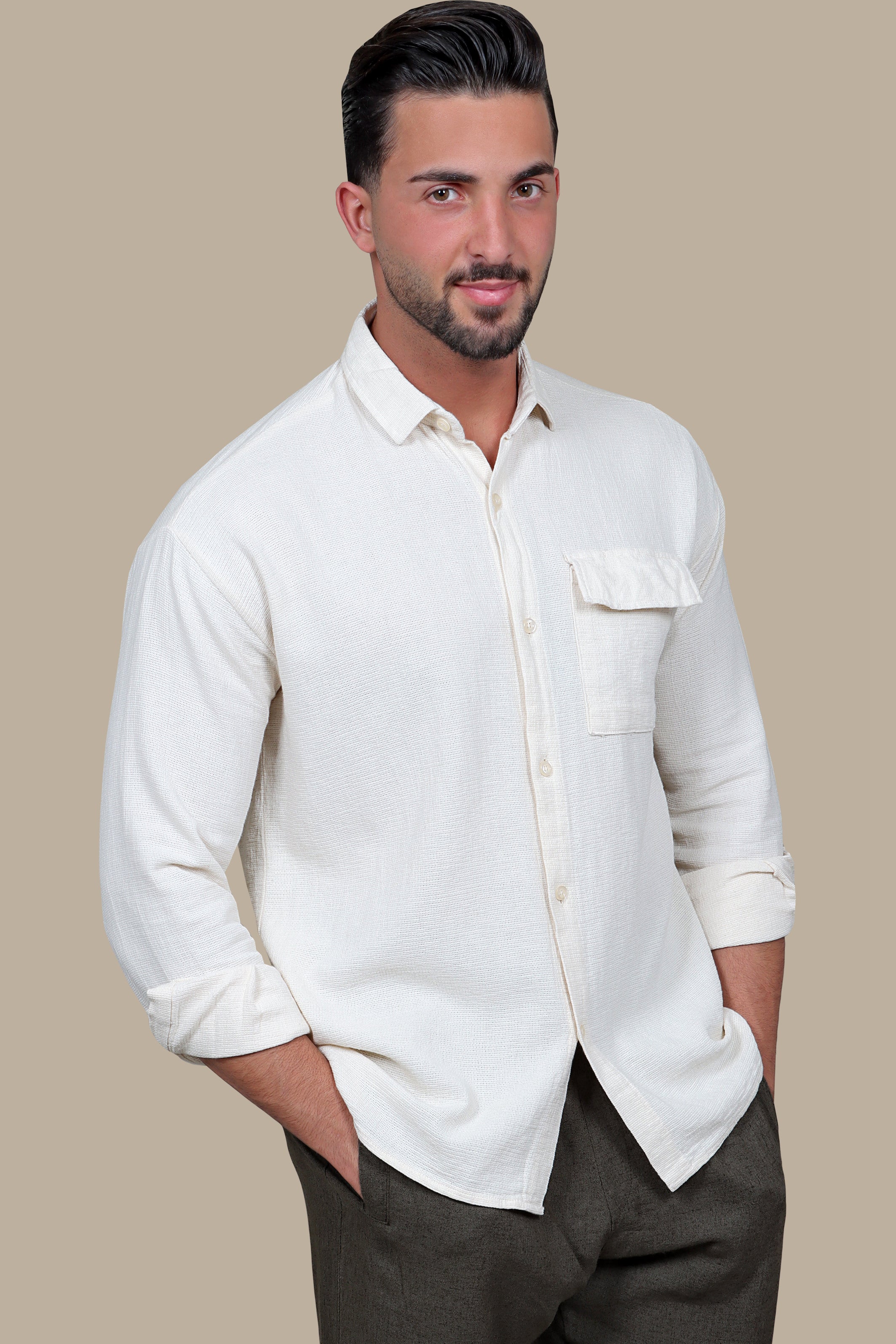 Shirt Canvas 1 Pocket Long Sleeve | Light Beige