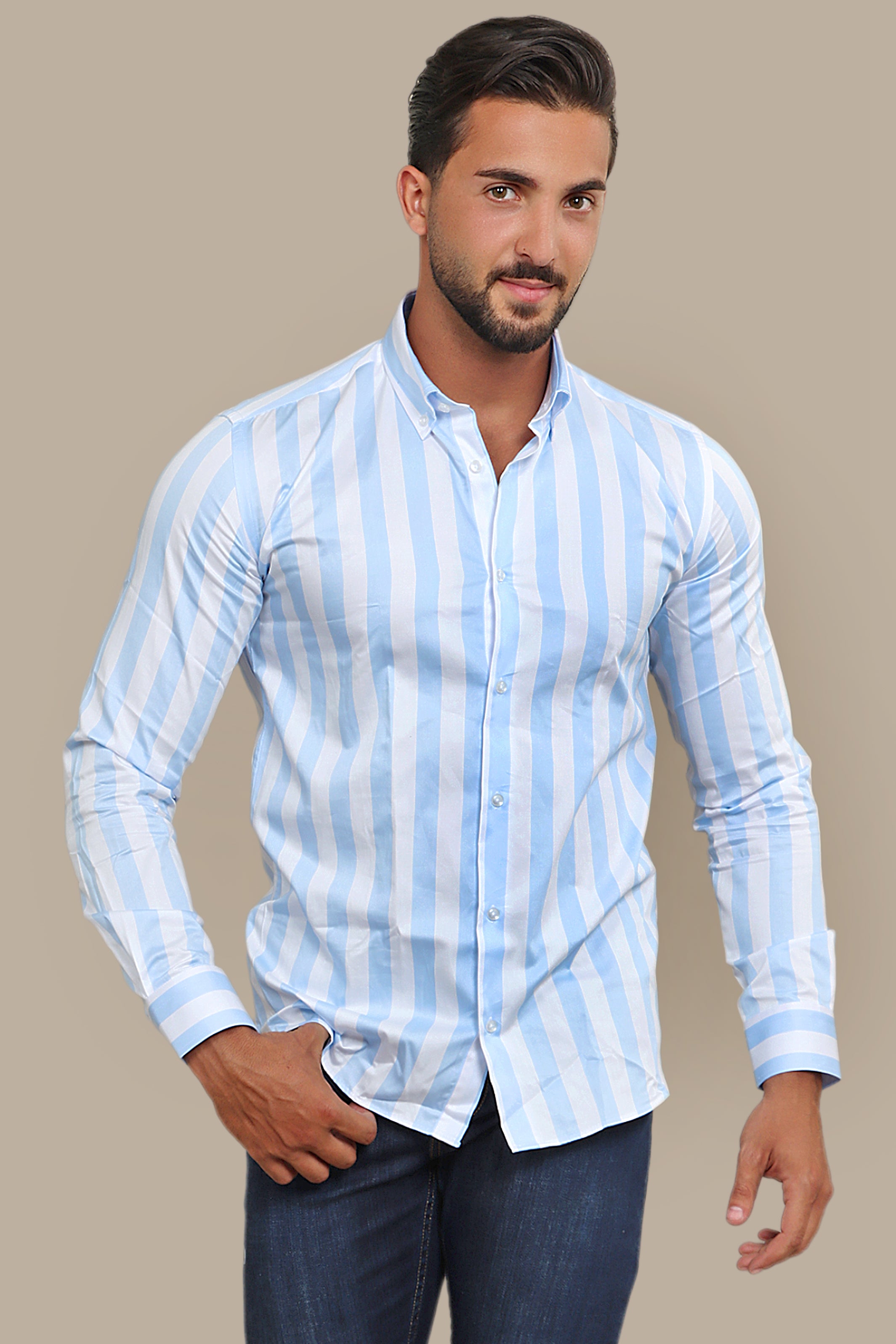 Serene Skies: Light Blue Wide Stripe Shirt