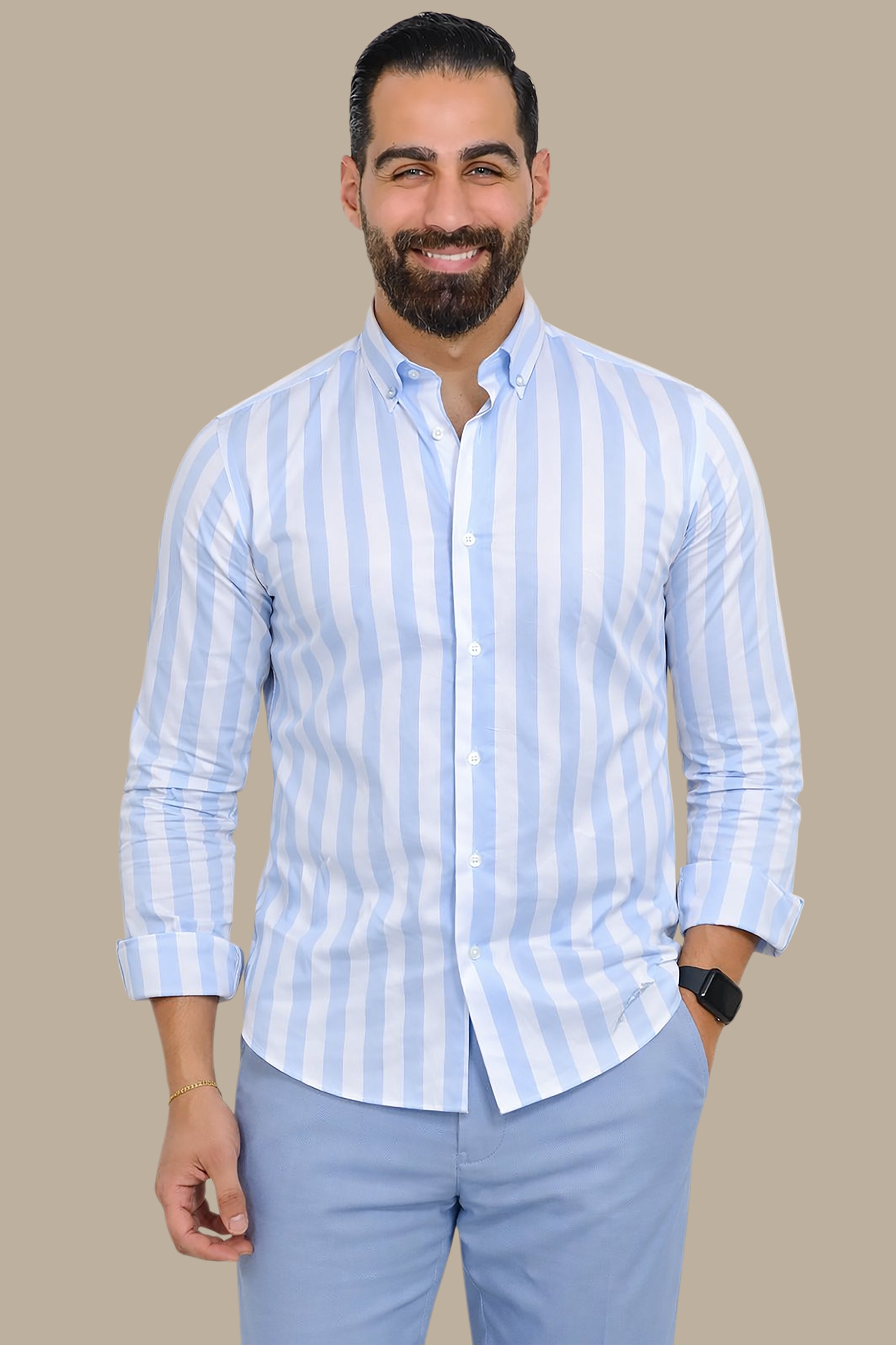 Serene Skies: Light Blue Wide Stripe Shirt