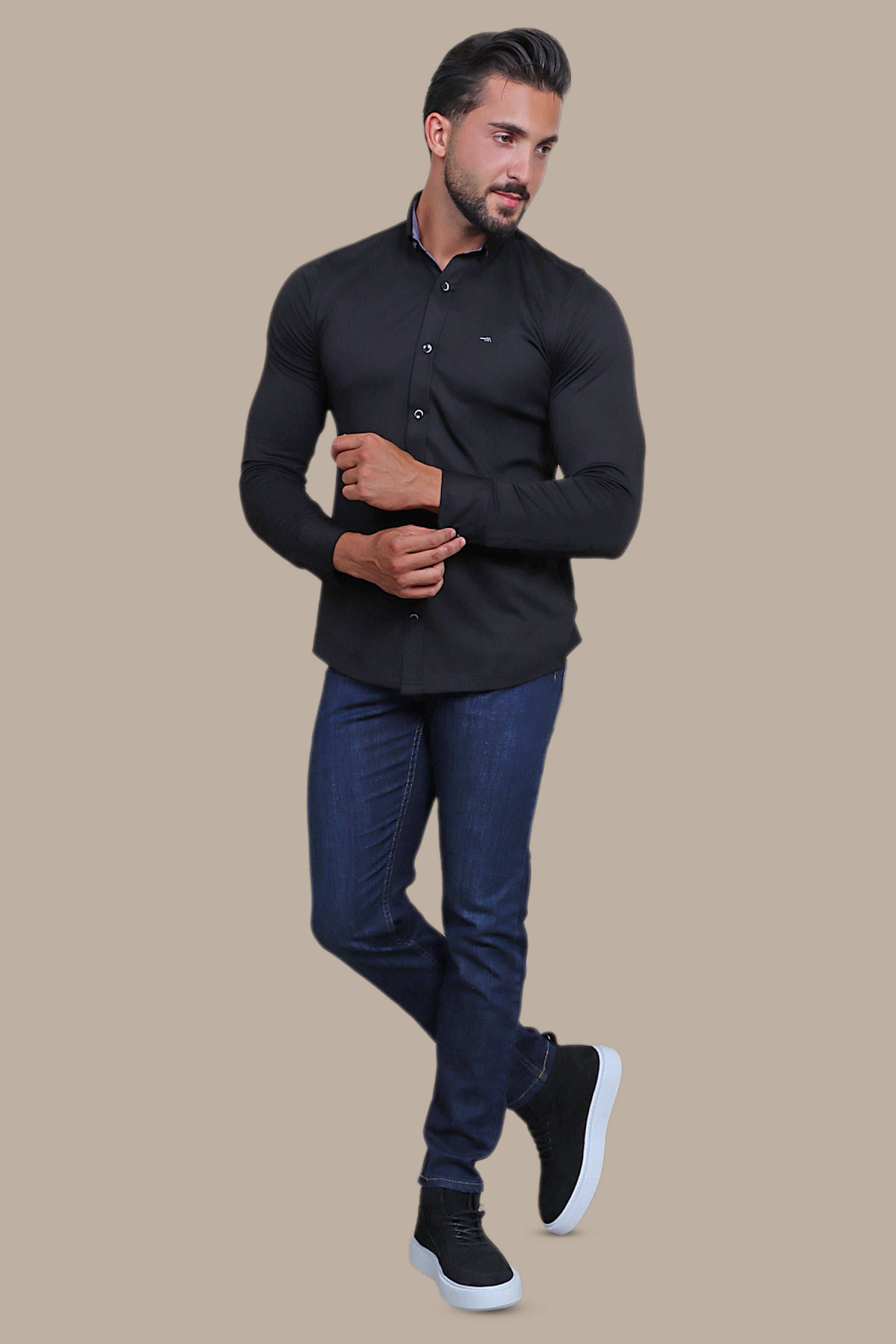 Sleek Comfort: Black Lycra Shirt with Small Collar