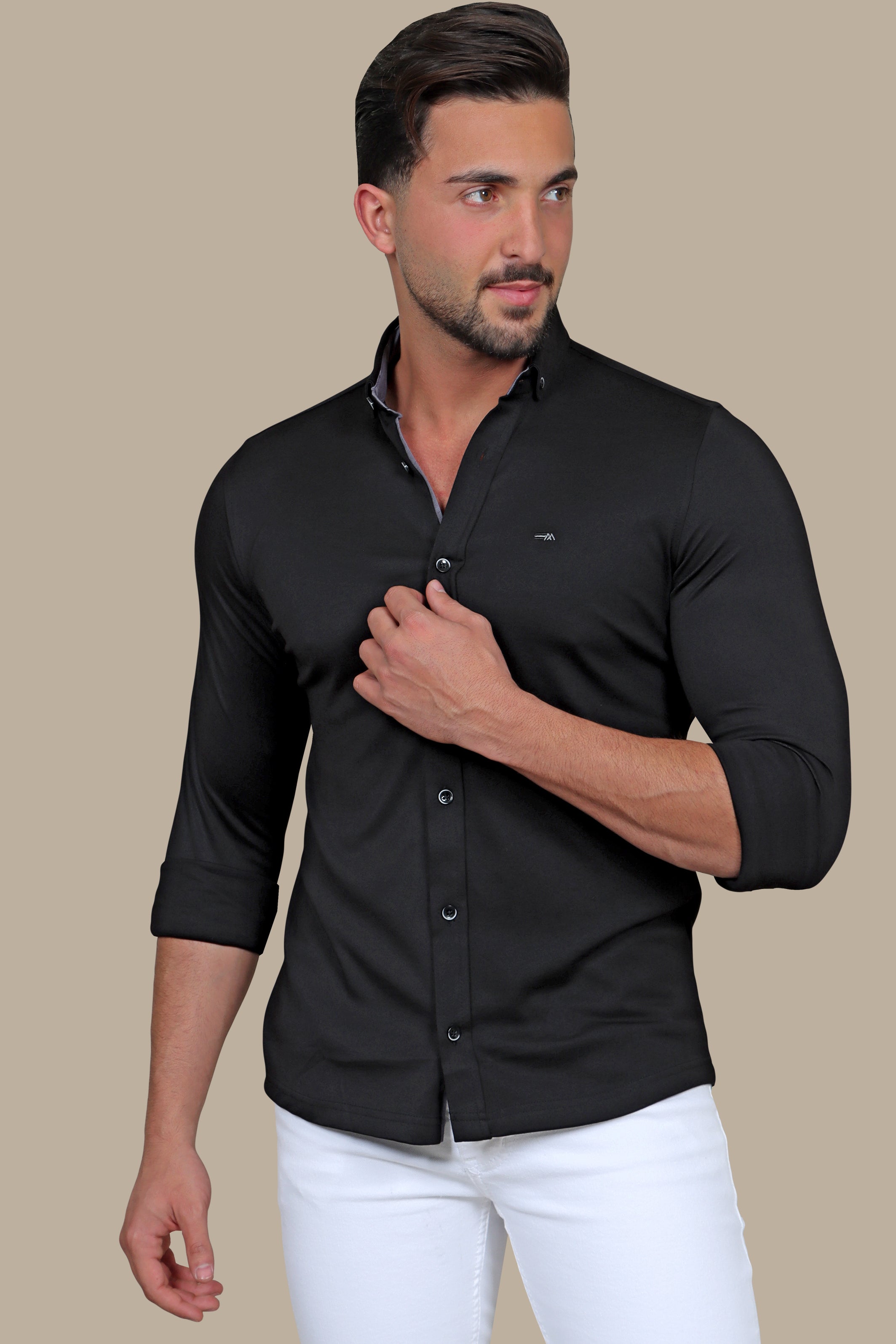 Sleek Comfort: Black Lycra Shirt with Small Collar