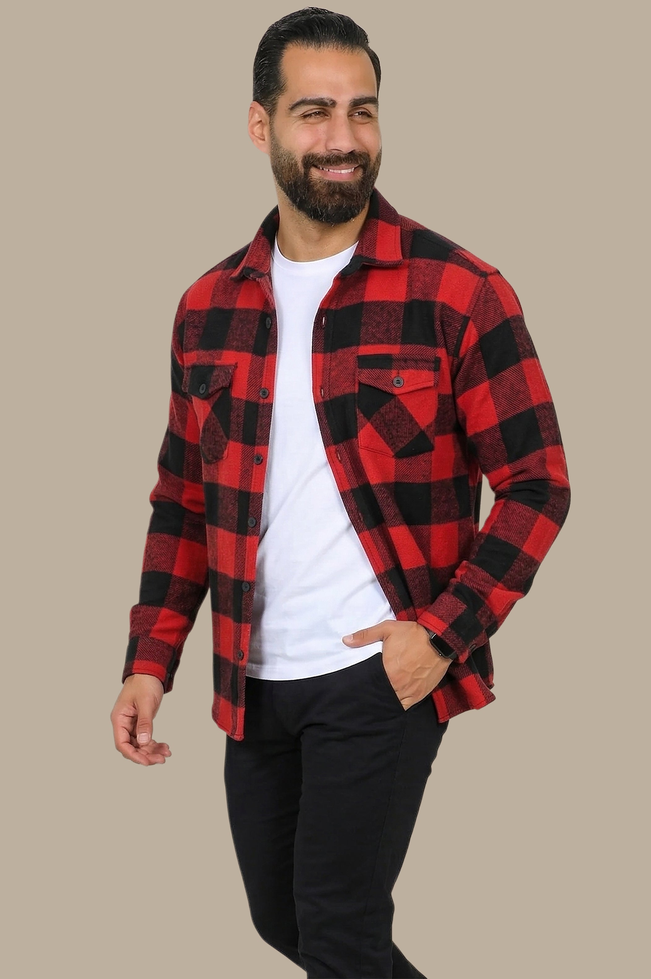 Checked Red Overshirt with Flap Pockets