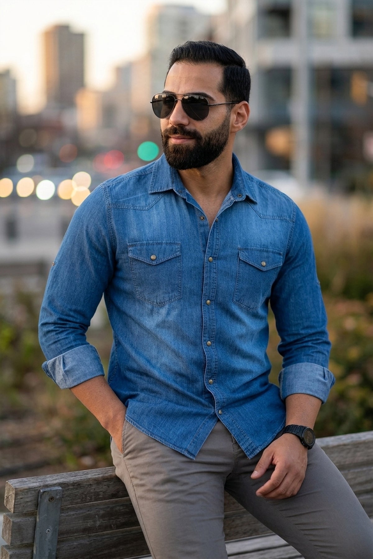 Classic Blue Denim Shirt with Flap Pockets