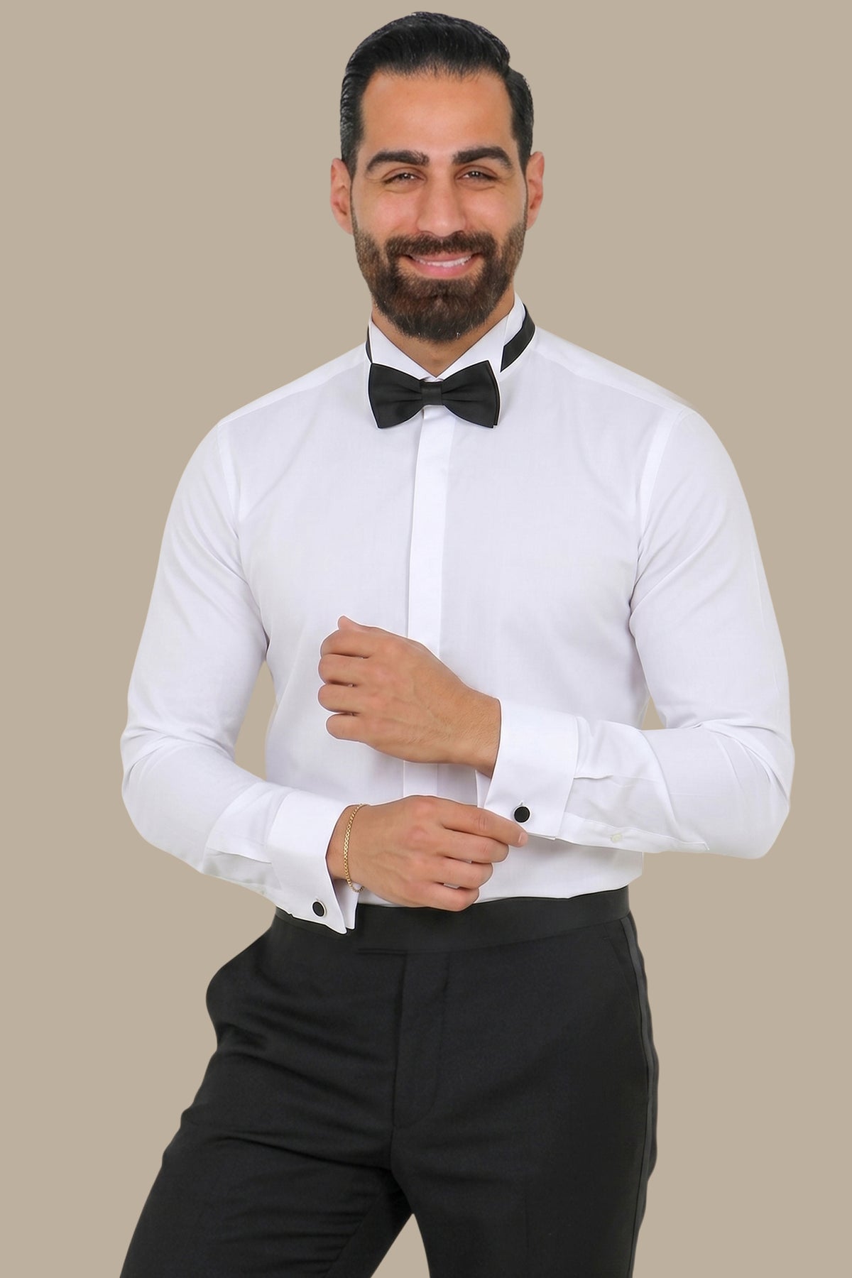 Elegant Whispers: White Tuxedo Shirt with Hidden Buttons