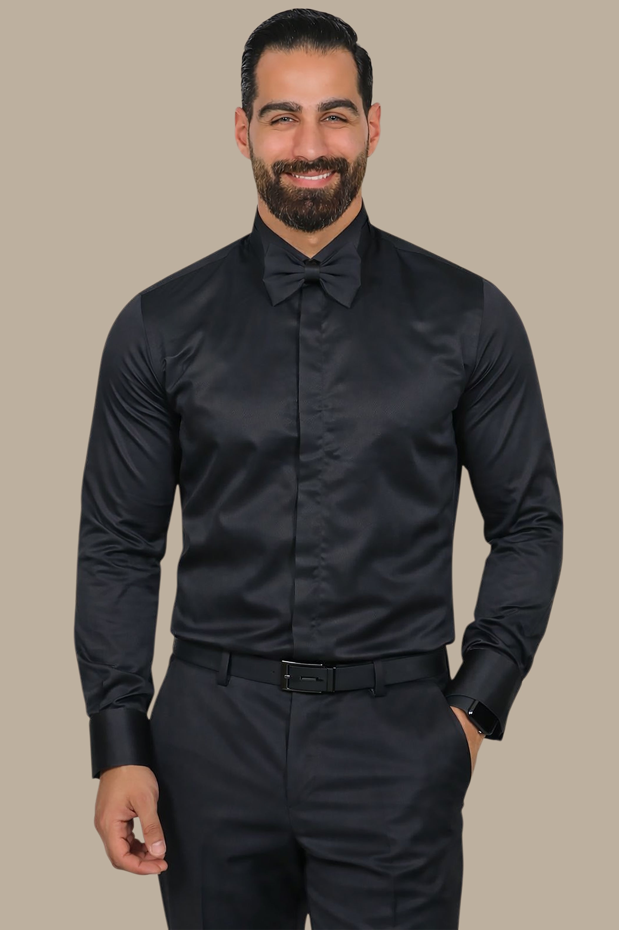Black Tuxedo Shirt: Hidden Button Detail