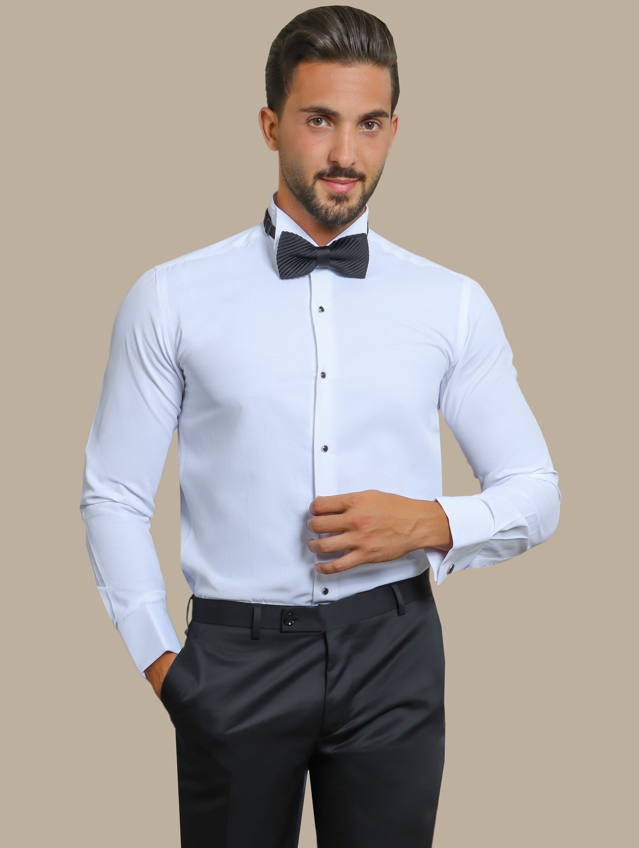 Timeless Elegance: White Tuxedo Shirt with Black Button Accents
