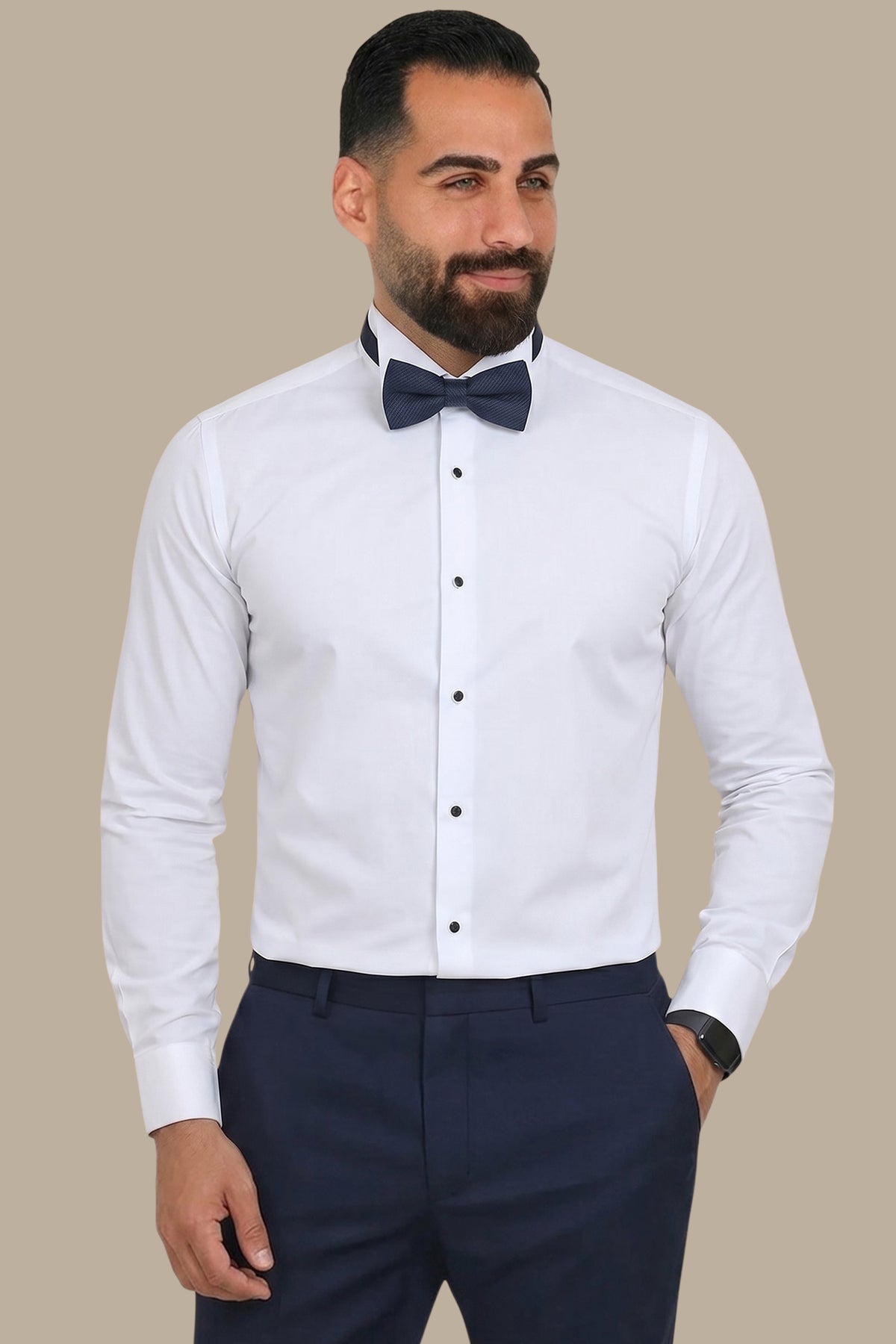 Timeless Elegance: White Tuxedo Shirt with Black Button Accents