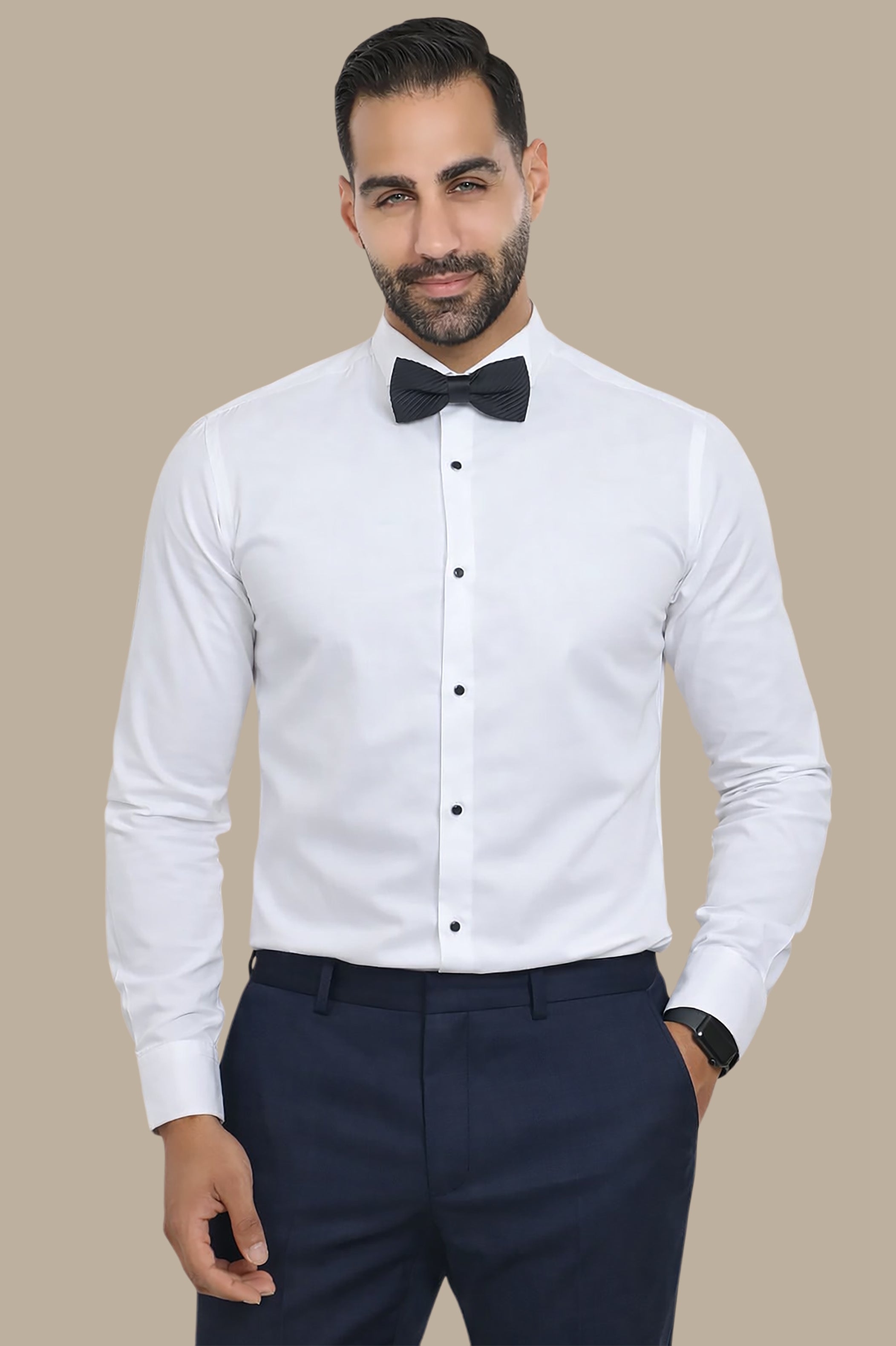 Timeless Elegance: White Tuxedo Shirt with Black Button Accents