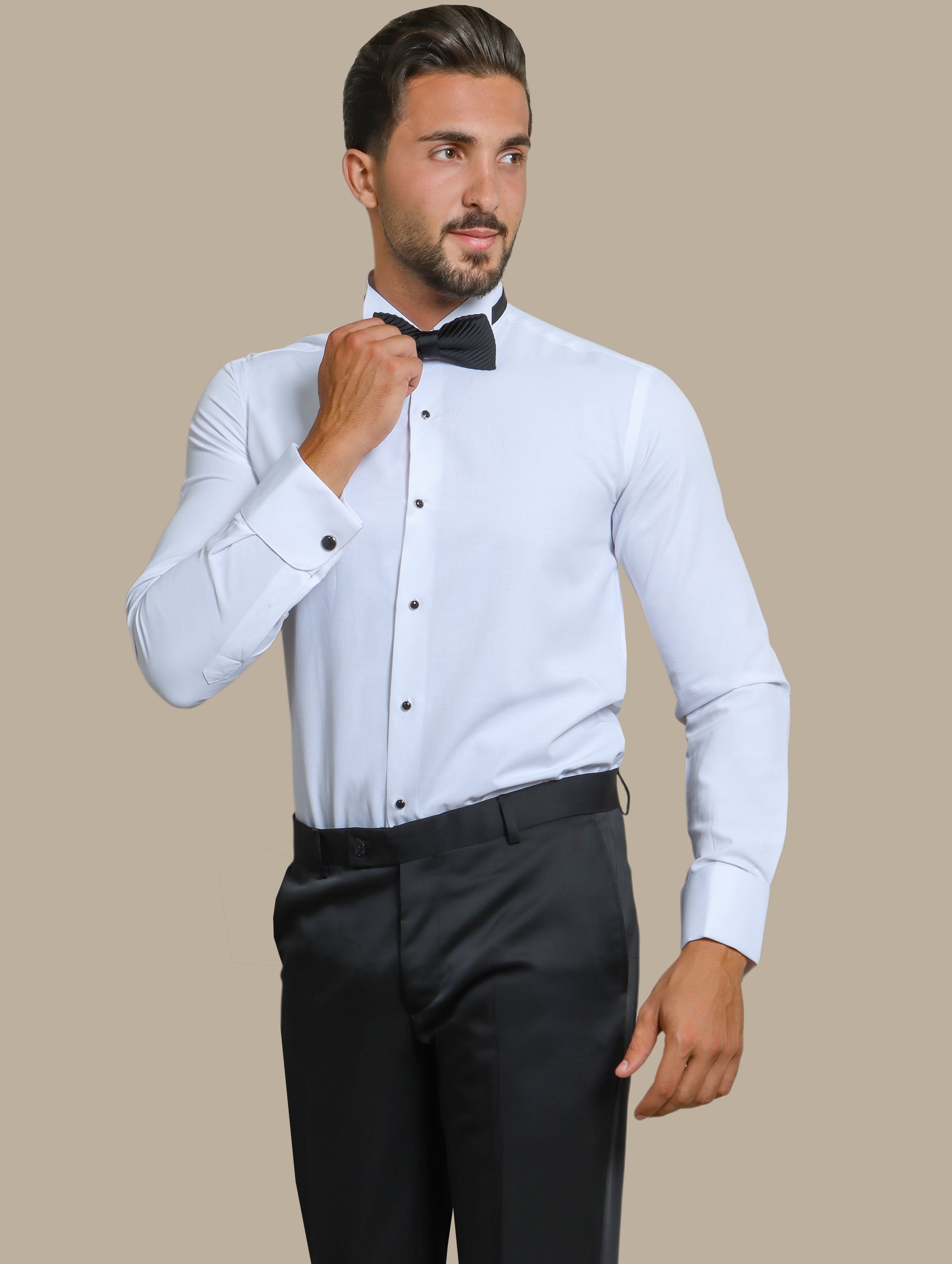 Timeless Elegance: White Tuxedo Shirt with Black Button Accents