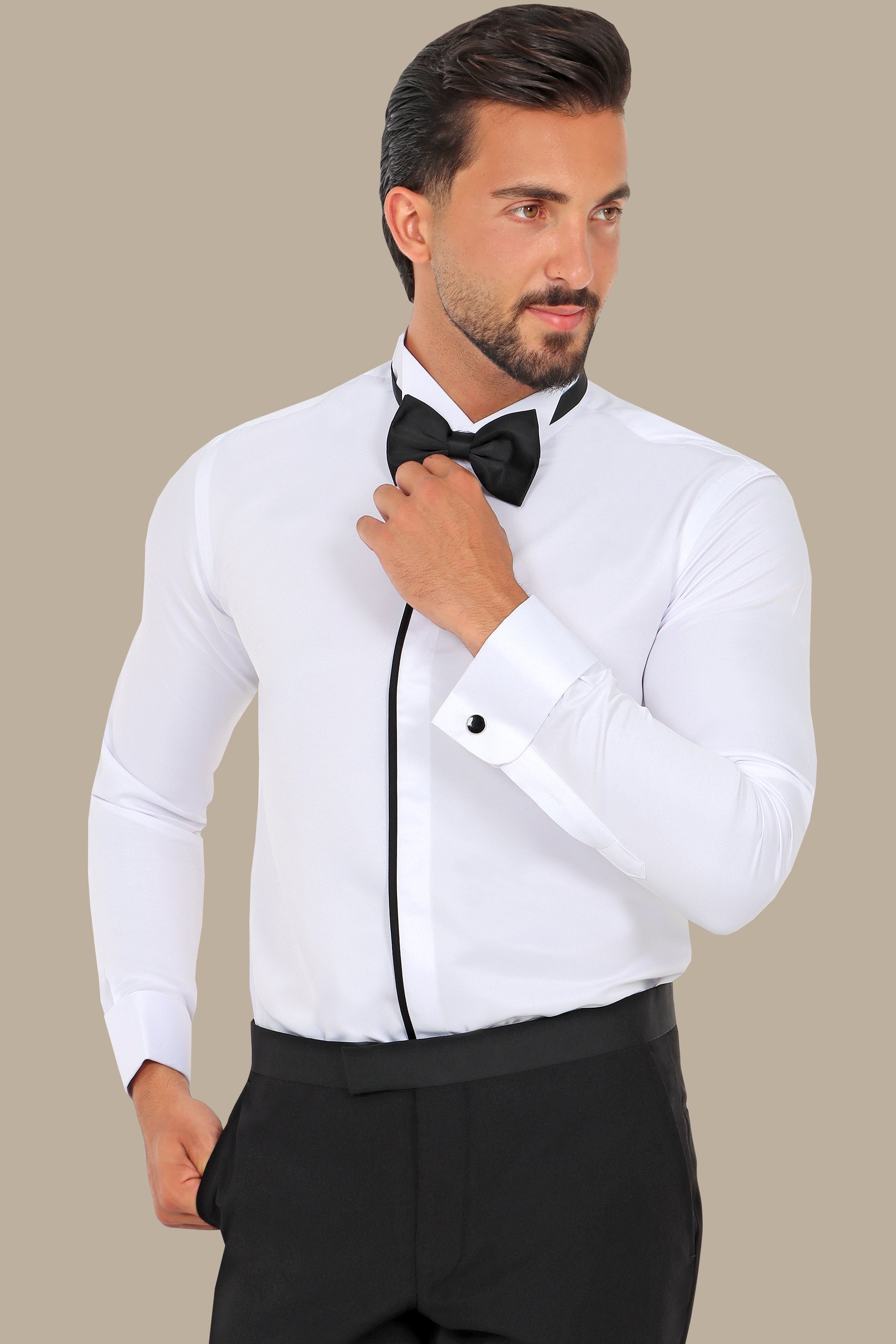 White Tuxedo Shirt with Black Trim Hidden Buttons