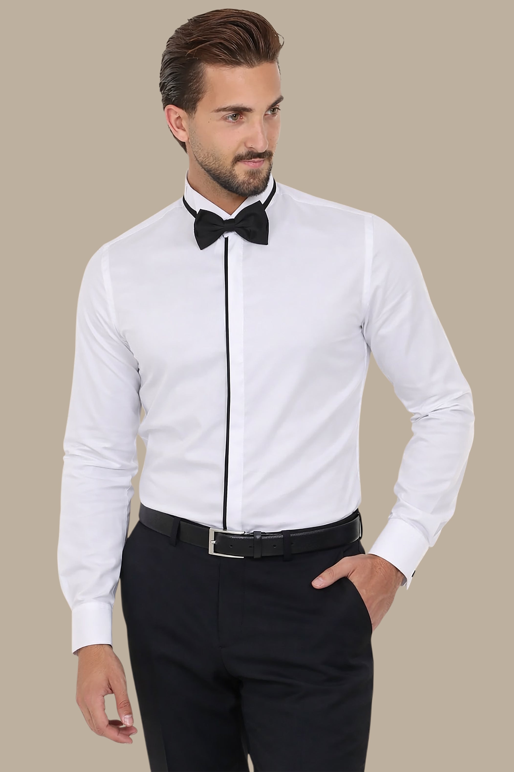 White Tuxedo Shirt with Black Trim Hidden Buttons