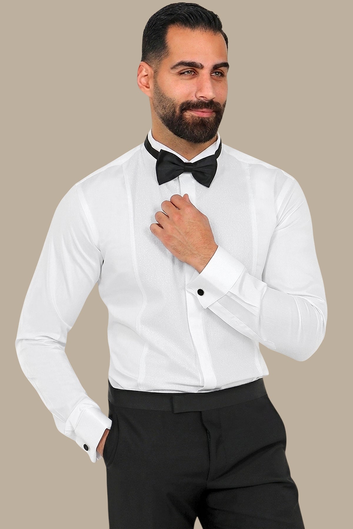 White Tuxedo Shirt with Silver Stripes