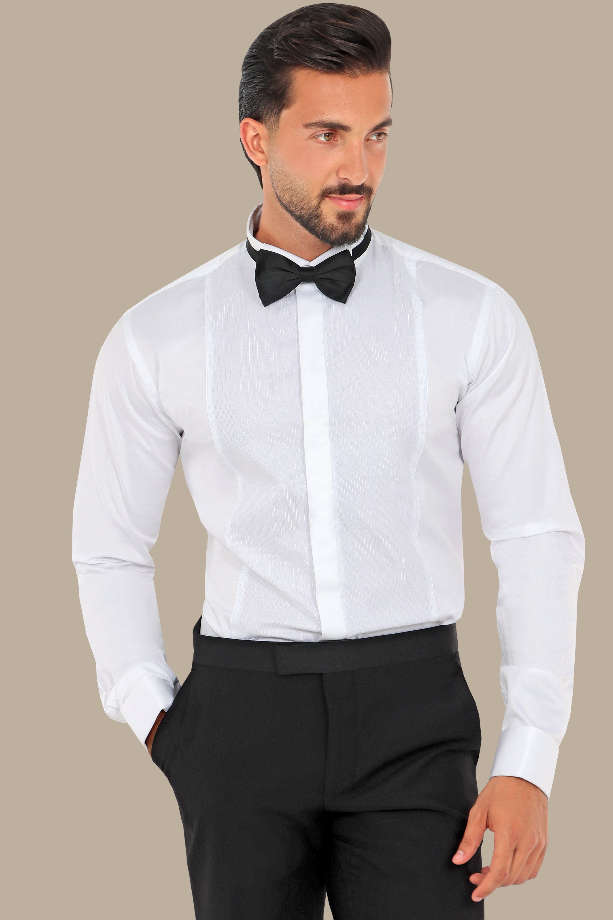 White Tuxedo Shirt with Silver Stripes