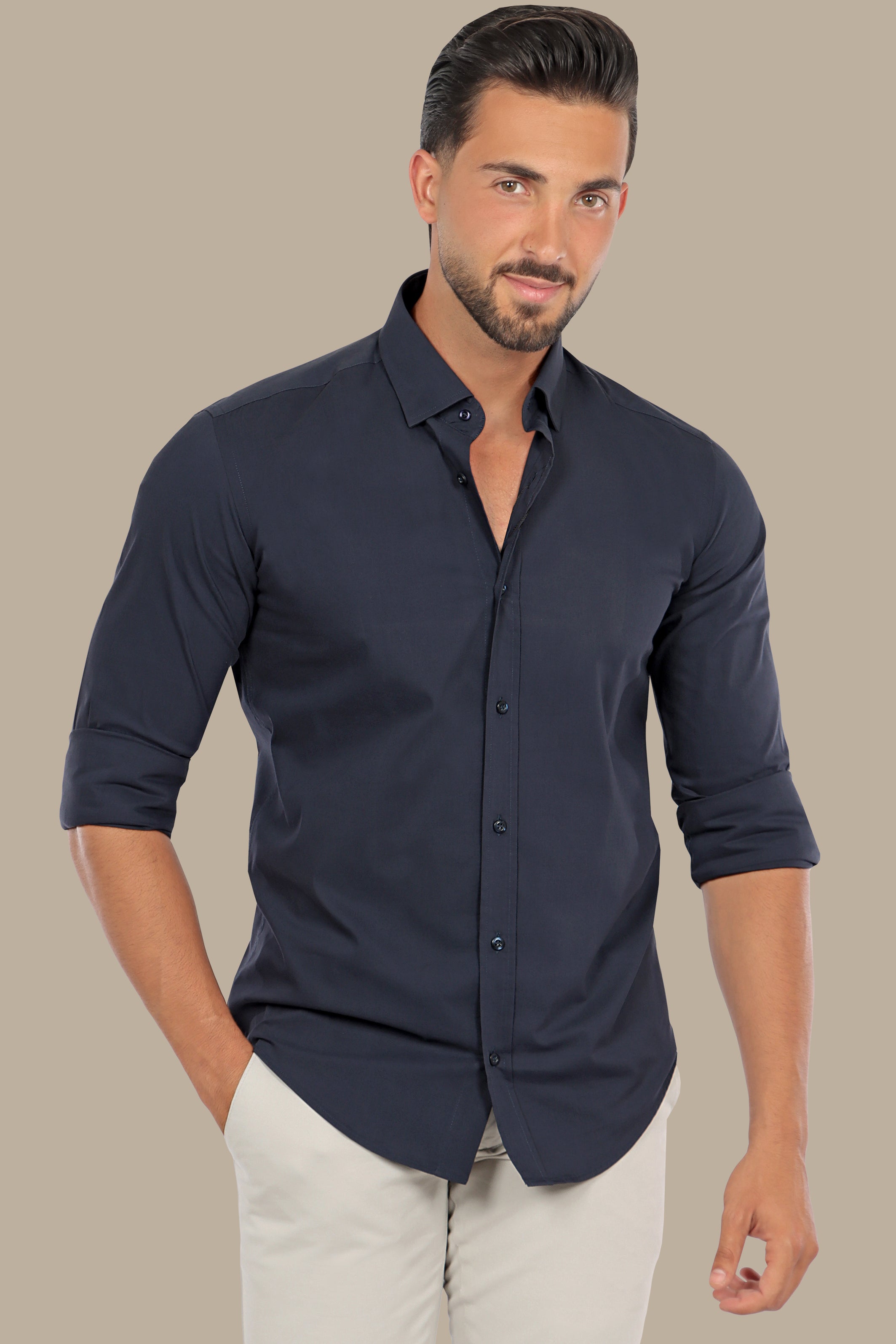 Navy Sophistication: Lycra Plain Shirt for Effortless Elegance