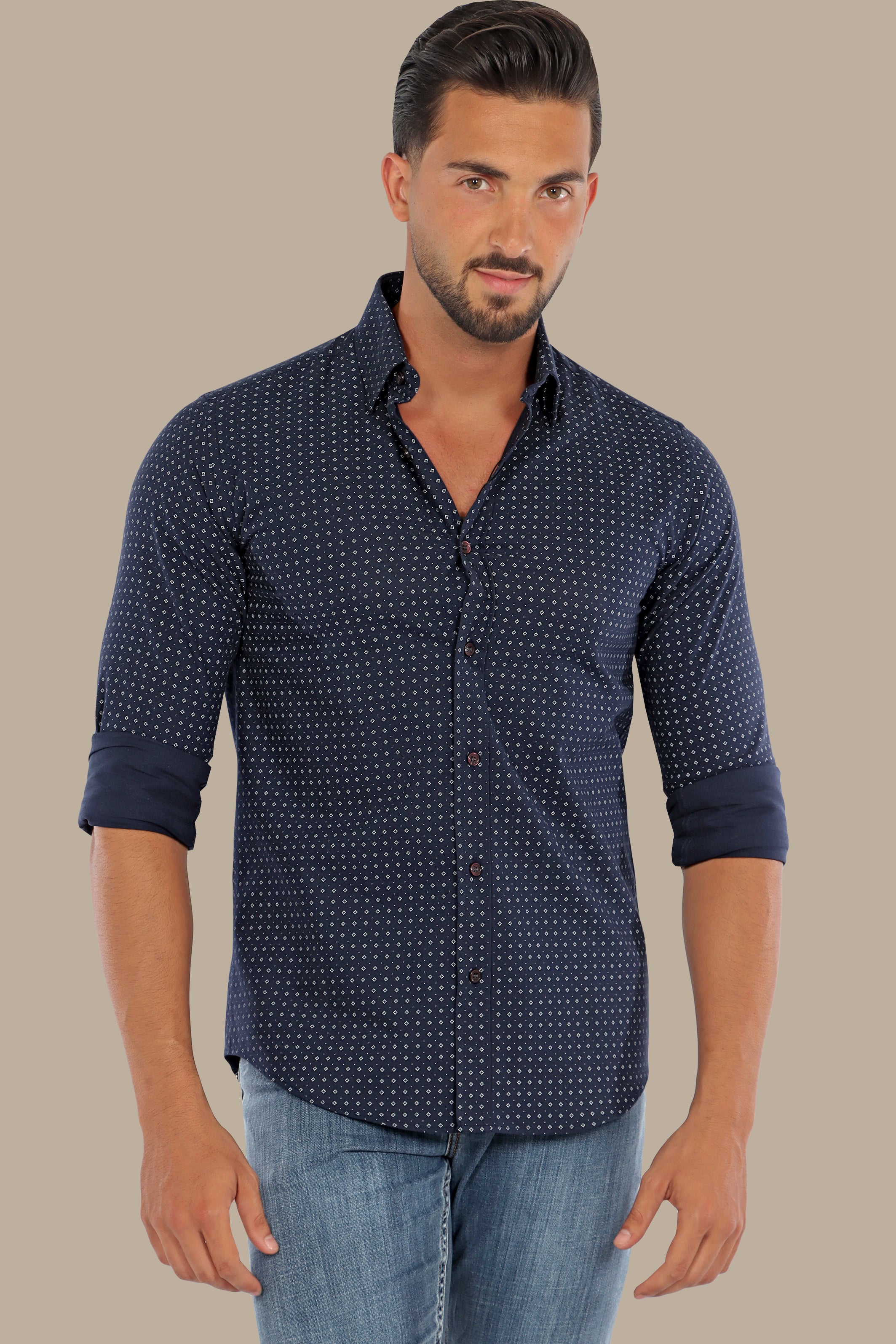 Contemporary Charm: Navy Square Print Shirt