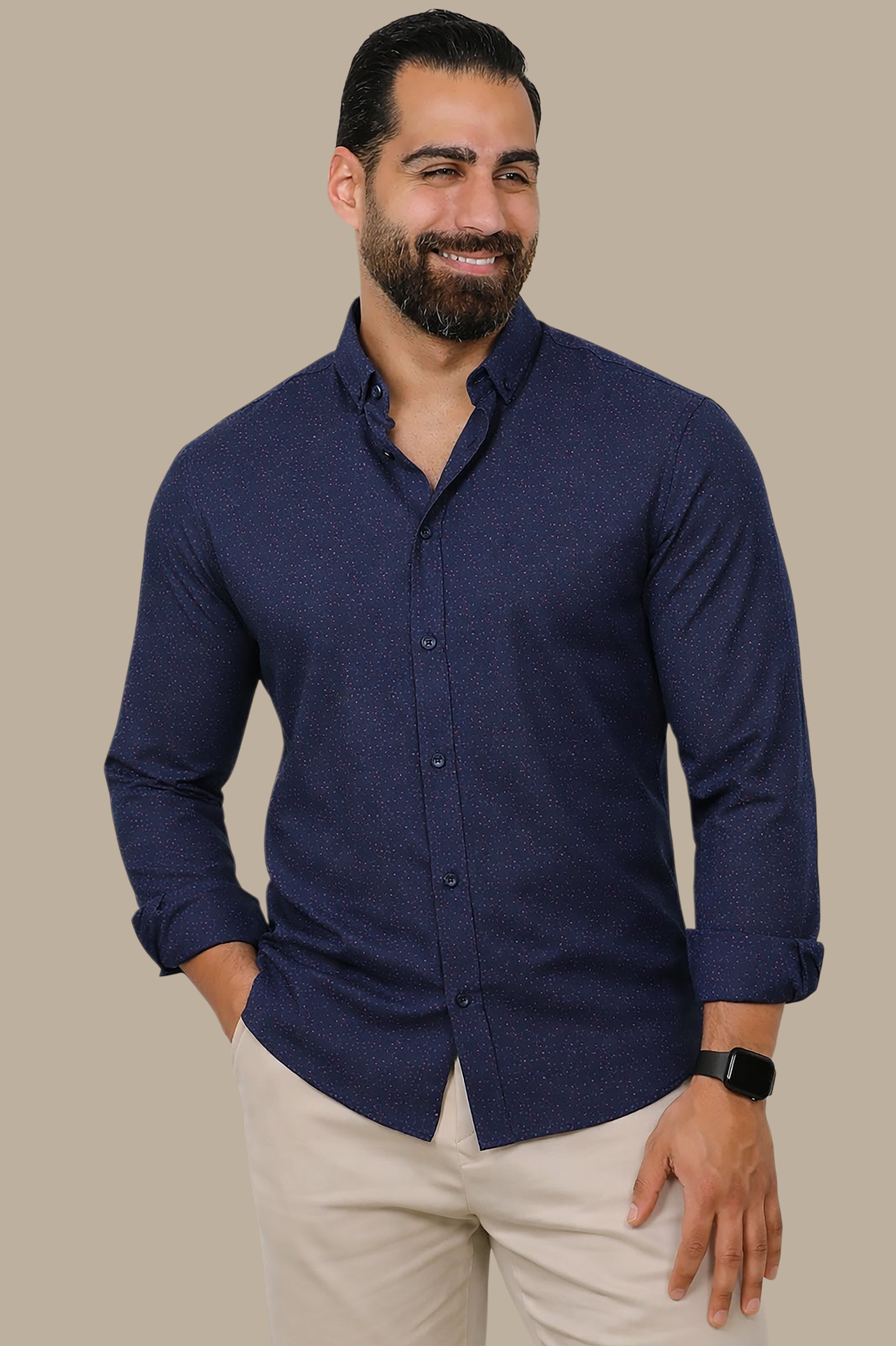 Bold Elegance: Navy Red Paisley Print Lycra Shirt