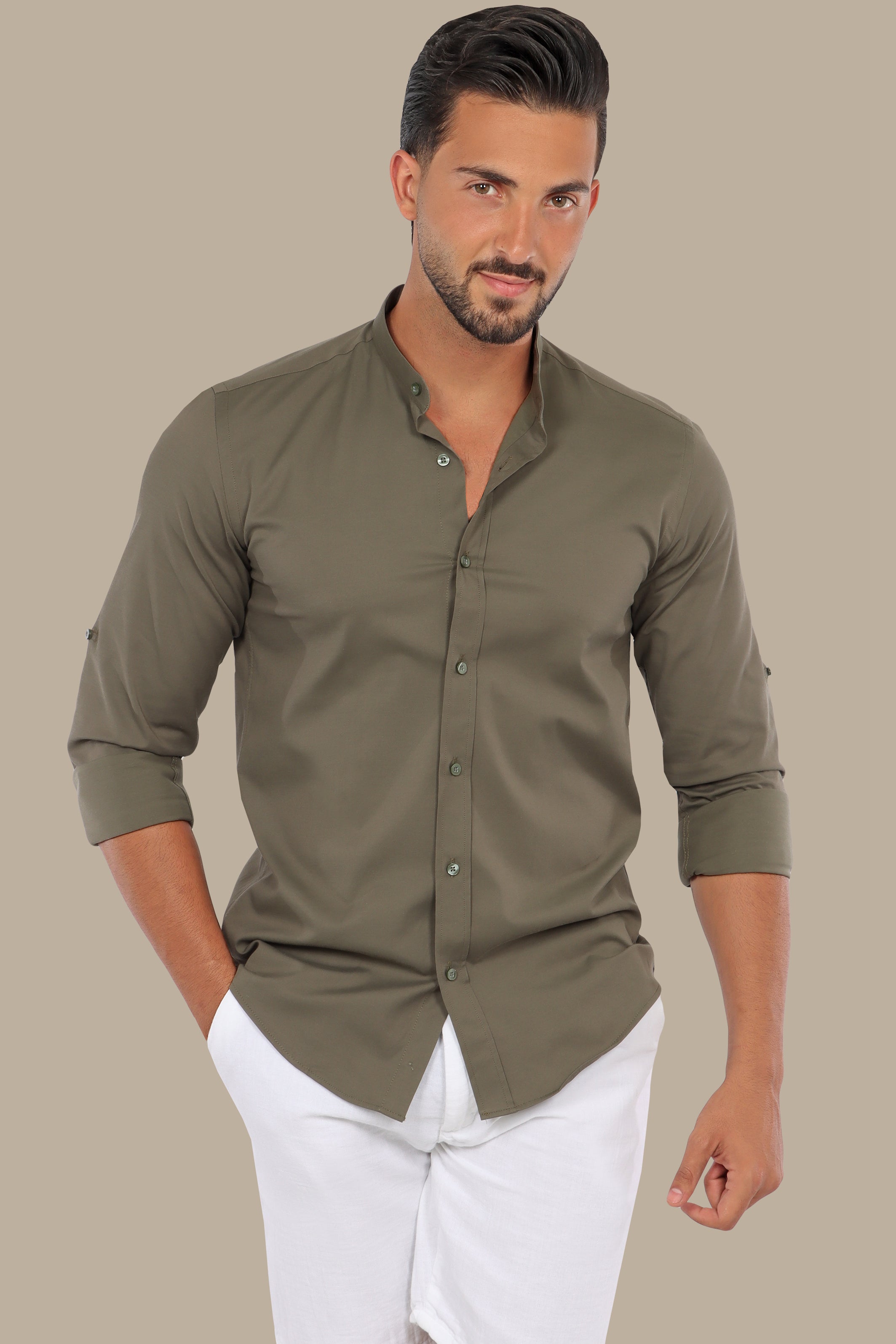 Khaki Casual Lycra Col Mao Shirt