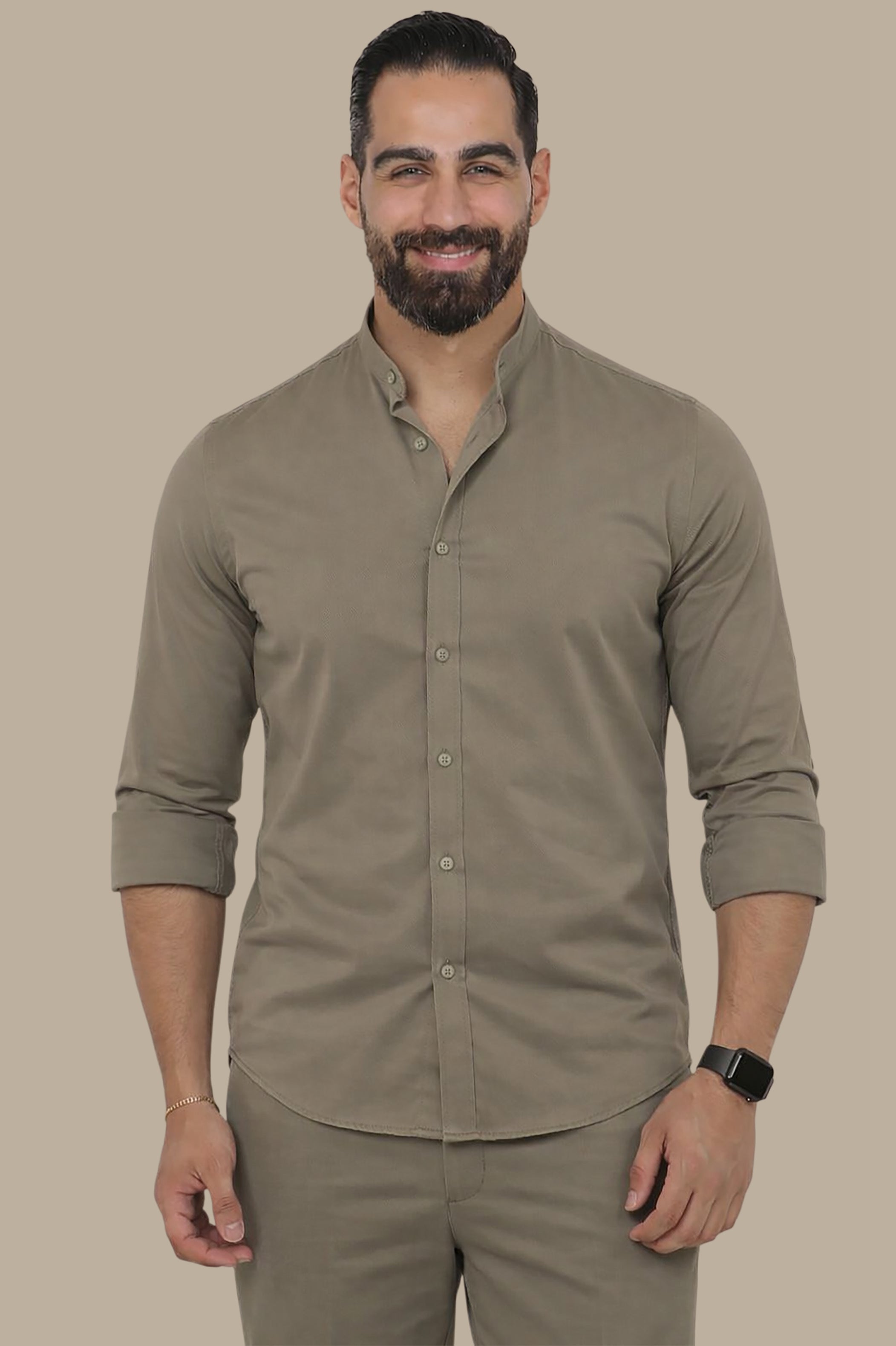 Khaki Casual Lycra Col Mao Shirt